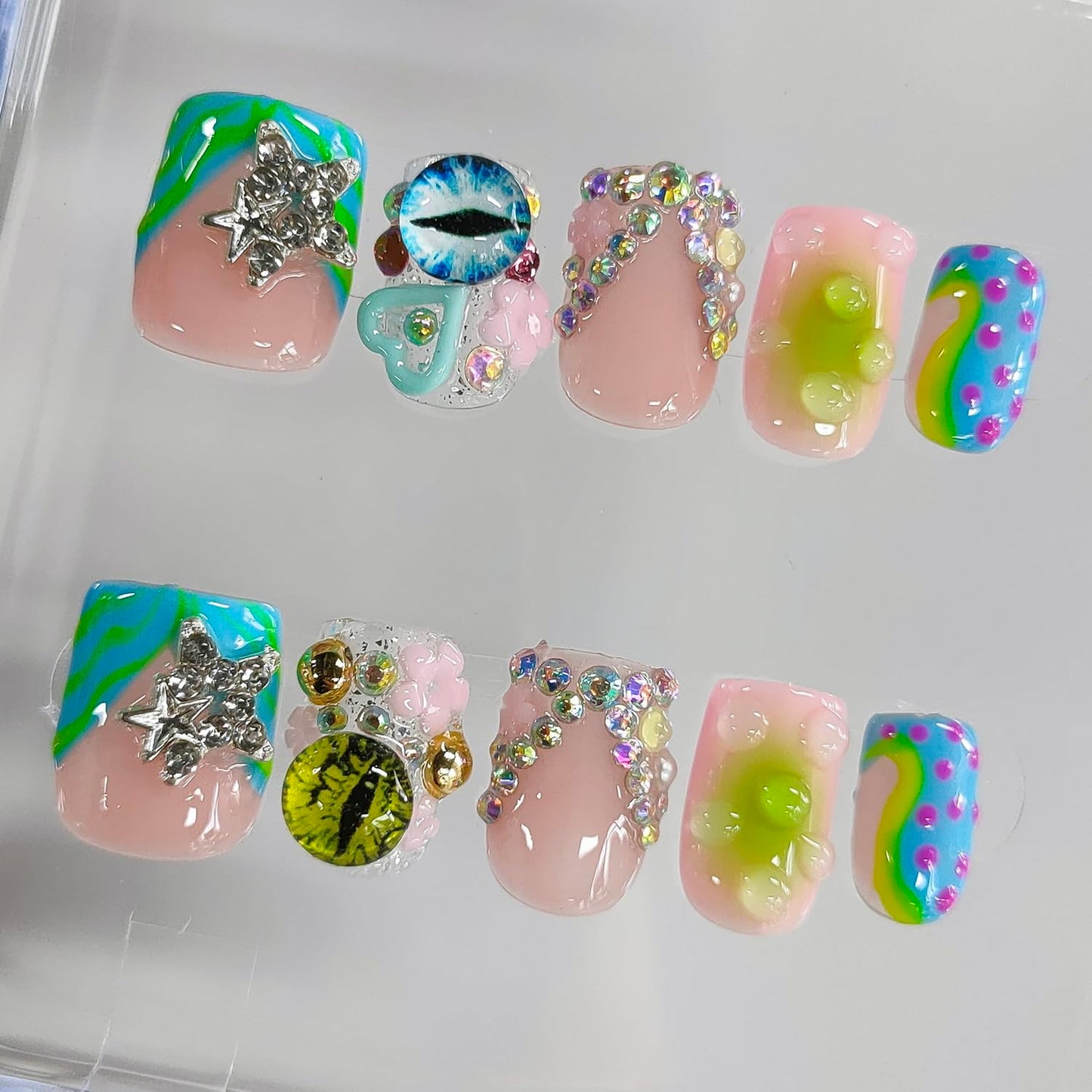Handmade Press on Nails Short Square 3D French Tip Thick Acrylic Fake Nails Y2K False Nails with Polka Dots Eyes Charms Rhinestones Stars Water Drop Designs Sturdy Nail Art Press on Nails 10Pcs(M)