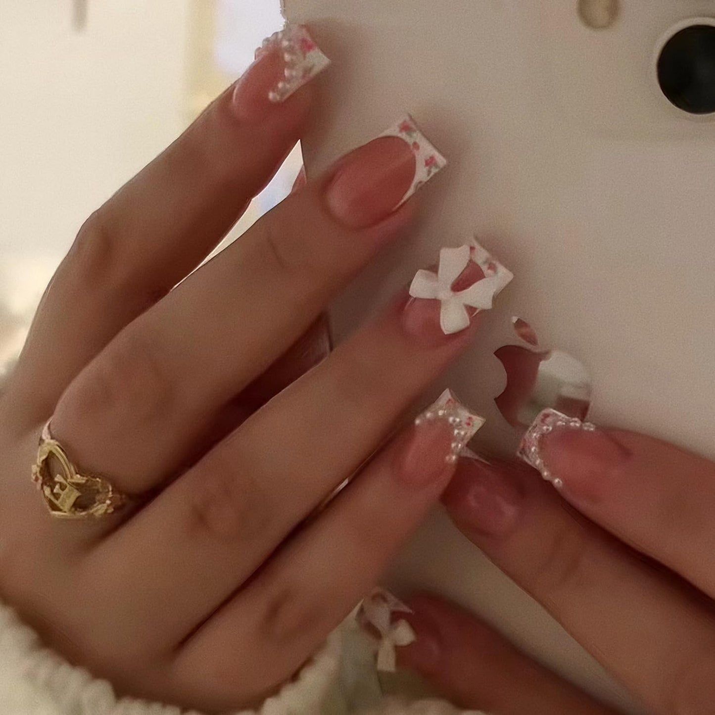 Floral French Press on Nails Cute Pink False Nails with Bow Pearl Design French Nails Press ons Cute Bow Nail Tips Stick on Nails Long Square Shape Artificial Nails Acrylic Finger Manicure for Women