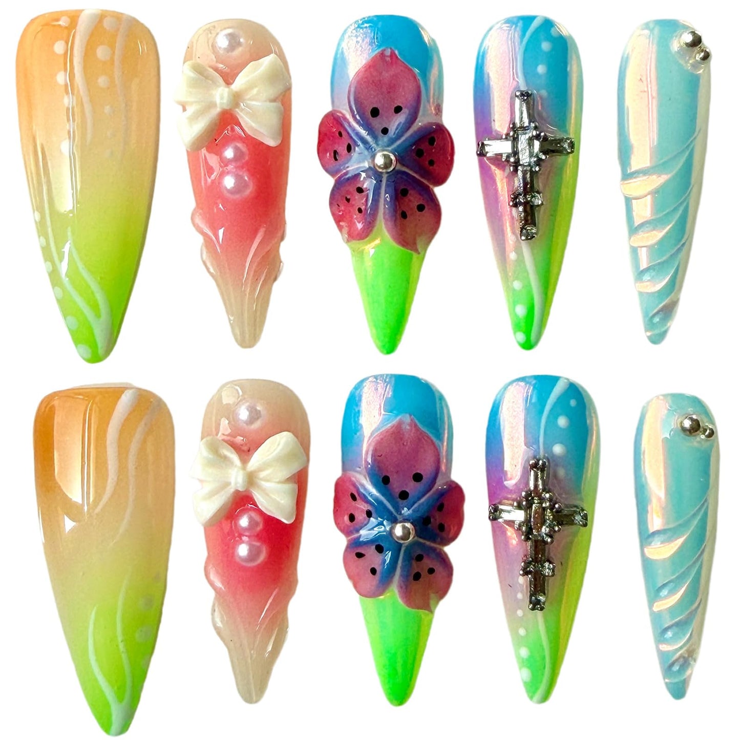 Handmade Press On Nails, 3D Flower Bow Cross Design, Long Stiletto Shape, Pastel Gradient Acrylic Fake Nails Gift set for Women Rainbow (M)