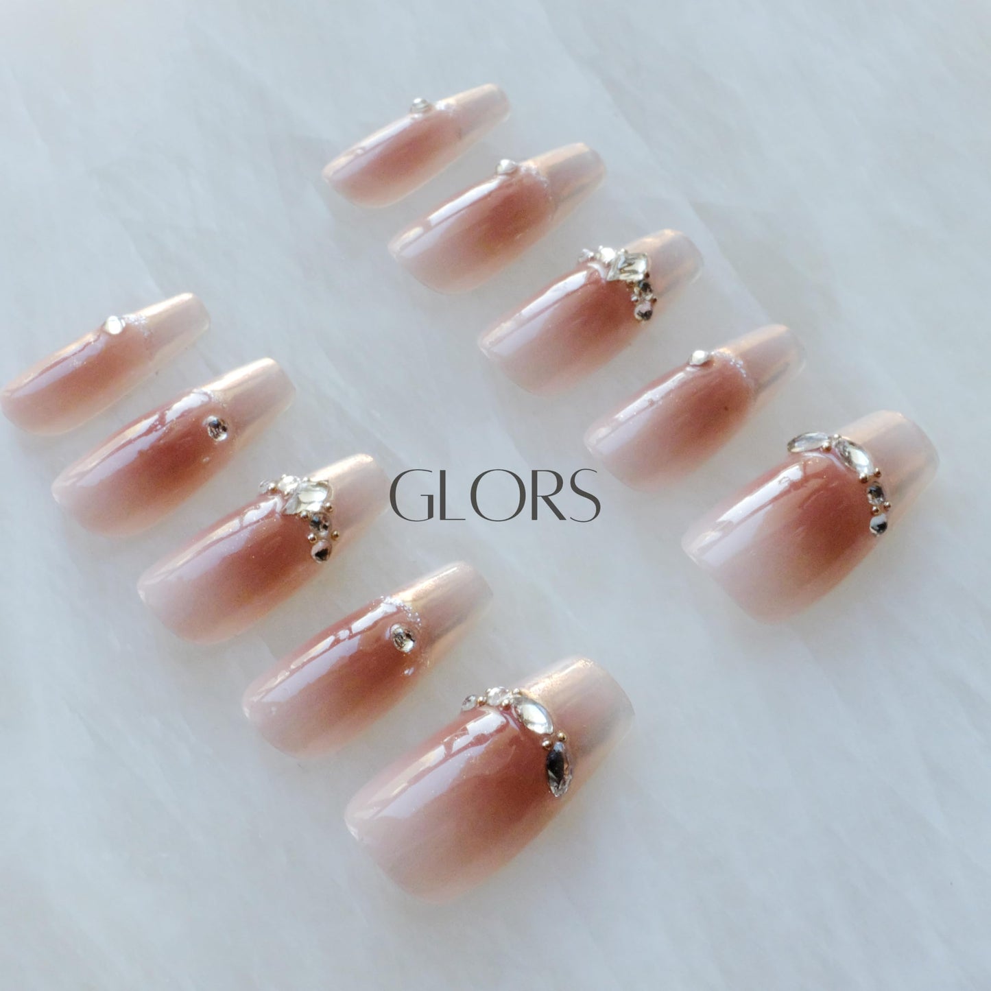 GLORS Long Ballerina Press-on Nails, Pink French Style with Rhinestones, Coffin Shape, Handmade False Nail 10 Pieces (Small,LB)