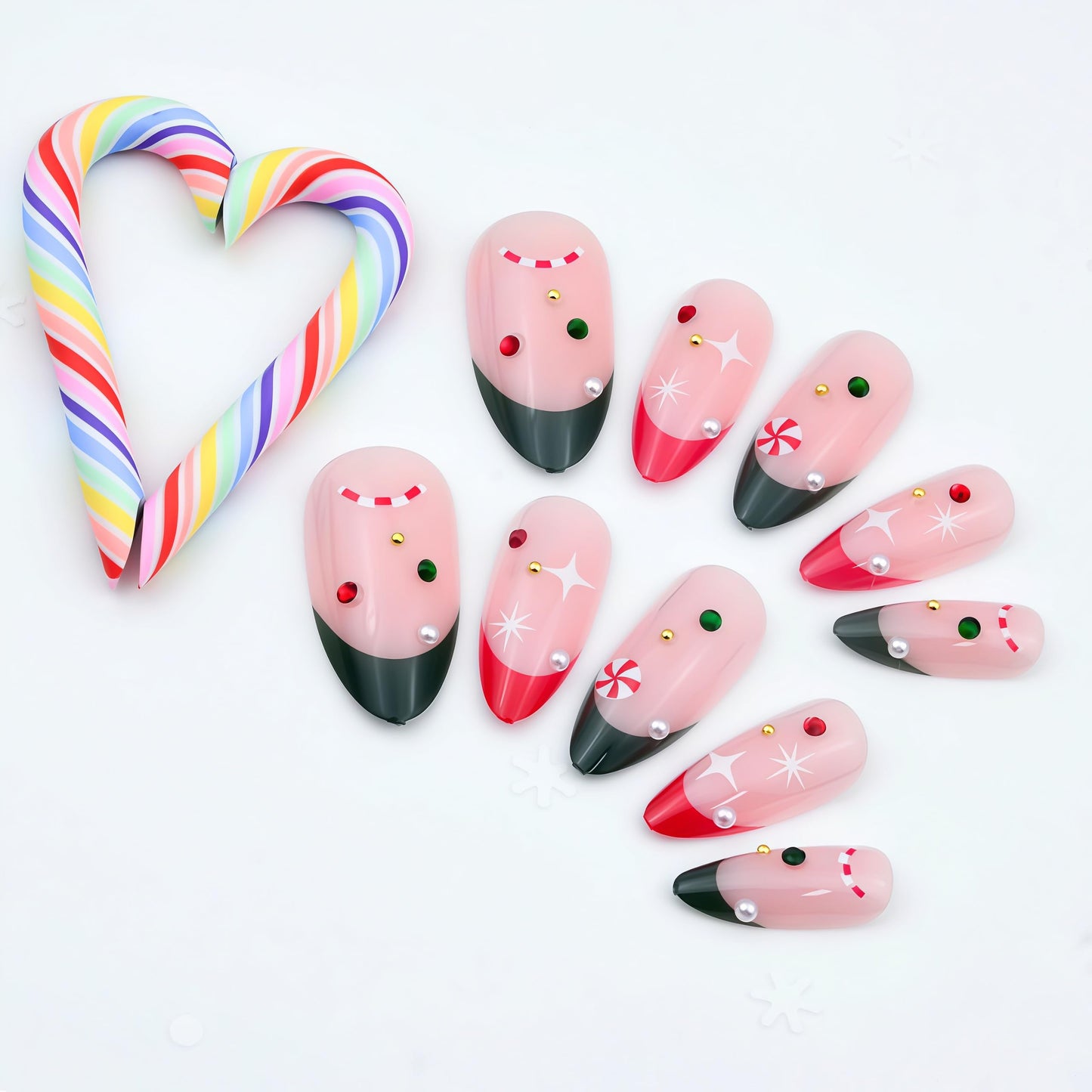 WEIXIWUYU Christmas French Tips Press on Nails Short Almond Fake Nails with Red Green White Rhinestones Designs Full Cover Red Green French Acrylic Nails for Women Girls Manicure Decoration 24Pcs