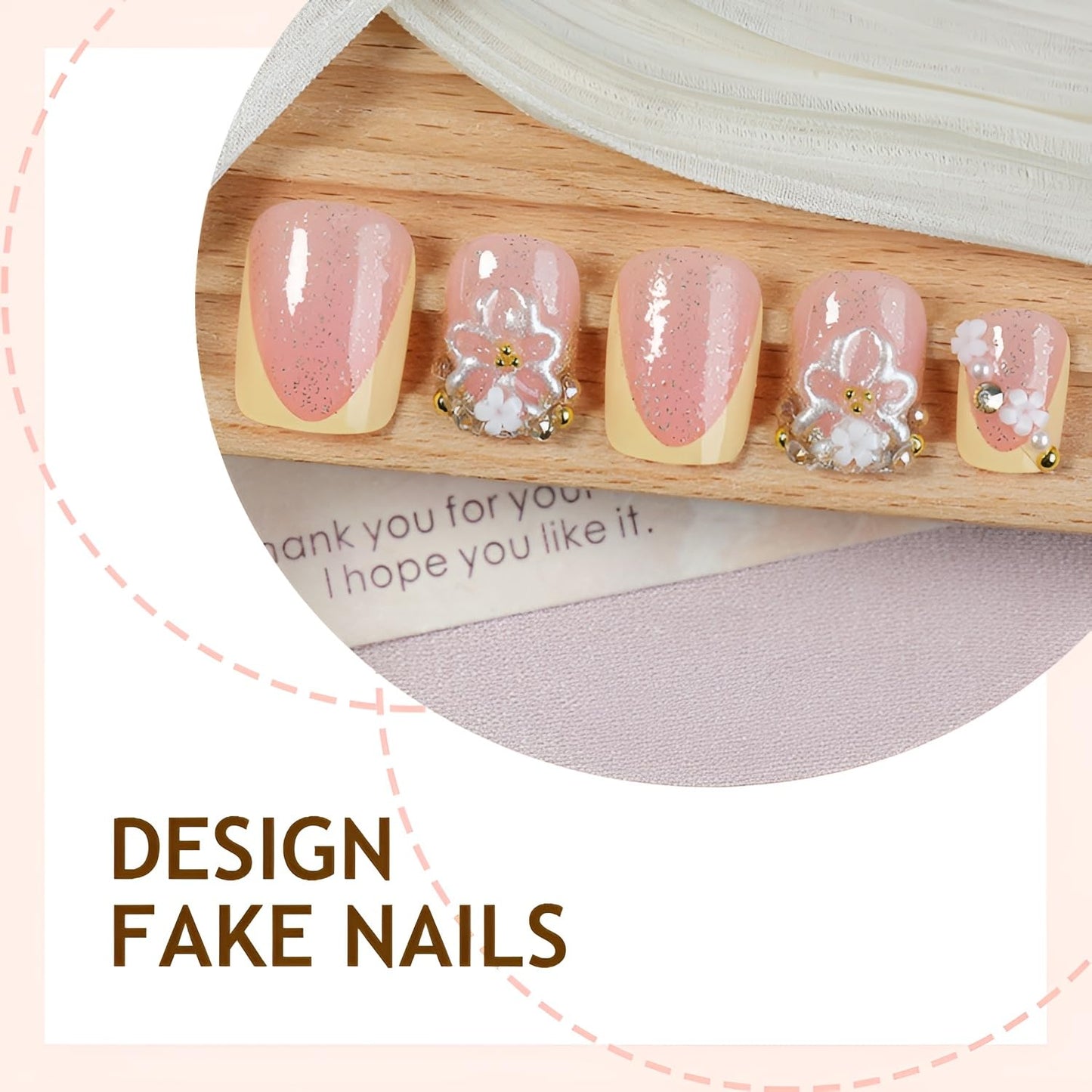 French Tip Press on Nails Short Square Fake Nails 3D Flower Nails Press Ons with Rhinestones Design Yellower French Tip False Nails Glossy Glue on Nail Spring Stick on Nail for Women 24Pcs