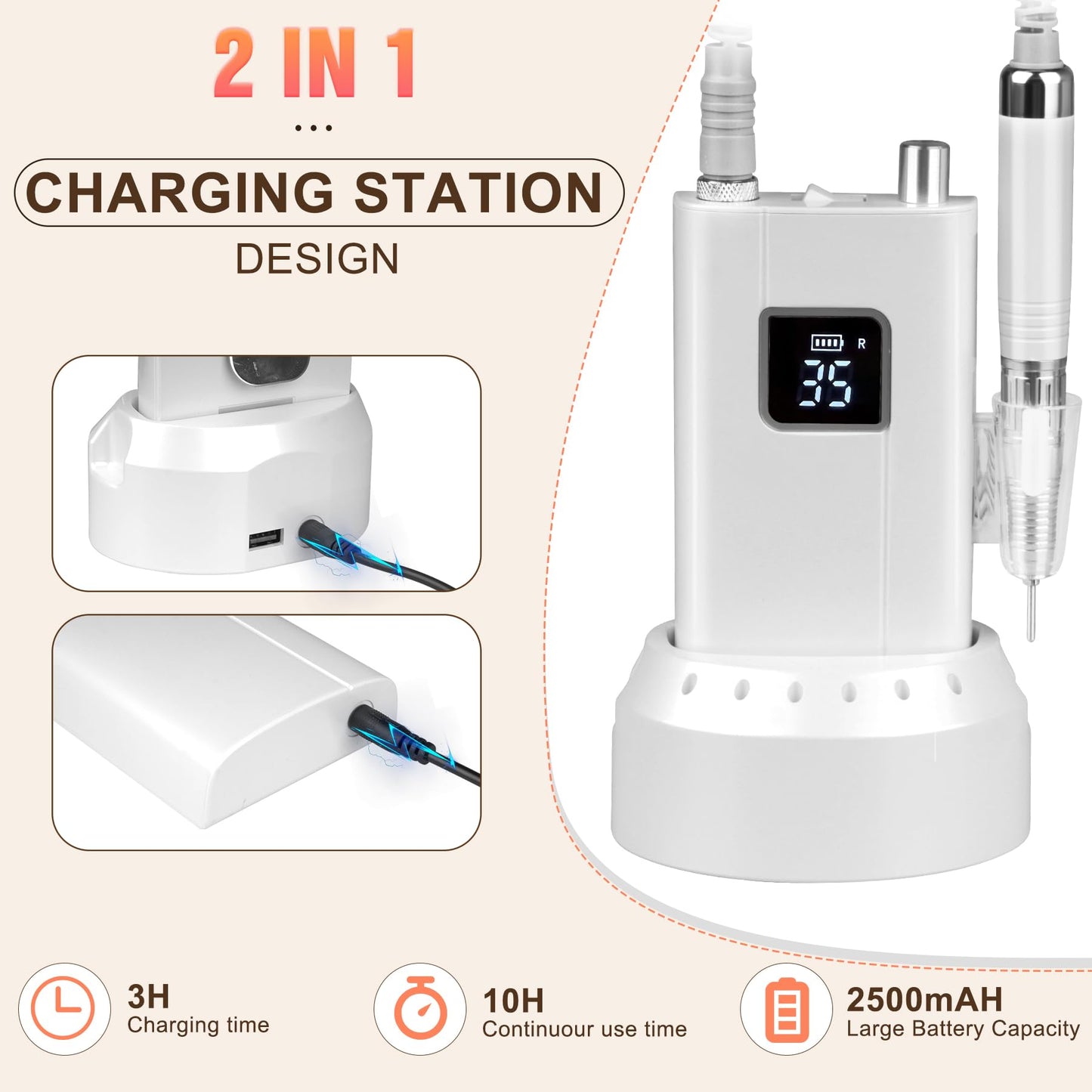 Professionl Nail Drill,80w Brushless Pro Electric Nail Drill 35000rpm HoMove Cordless Nail Efile, High Torque, Quiet & Vibration-Free Electric Nail File for Nail Technicians,Home DIY