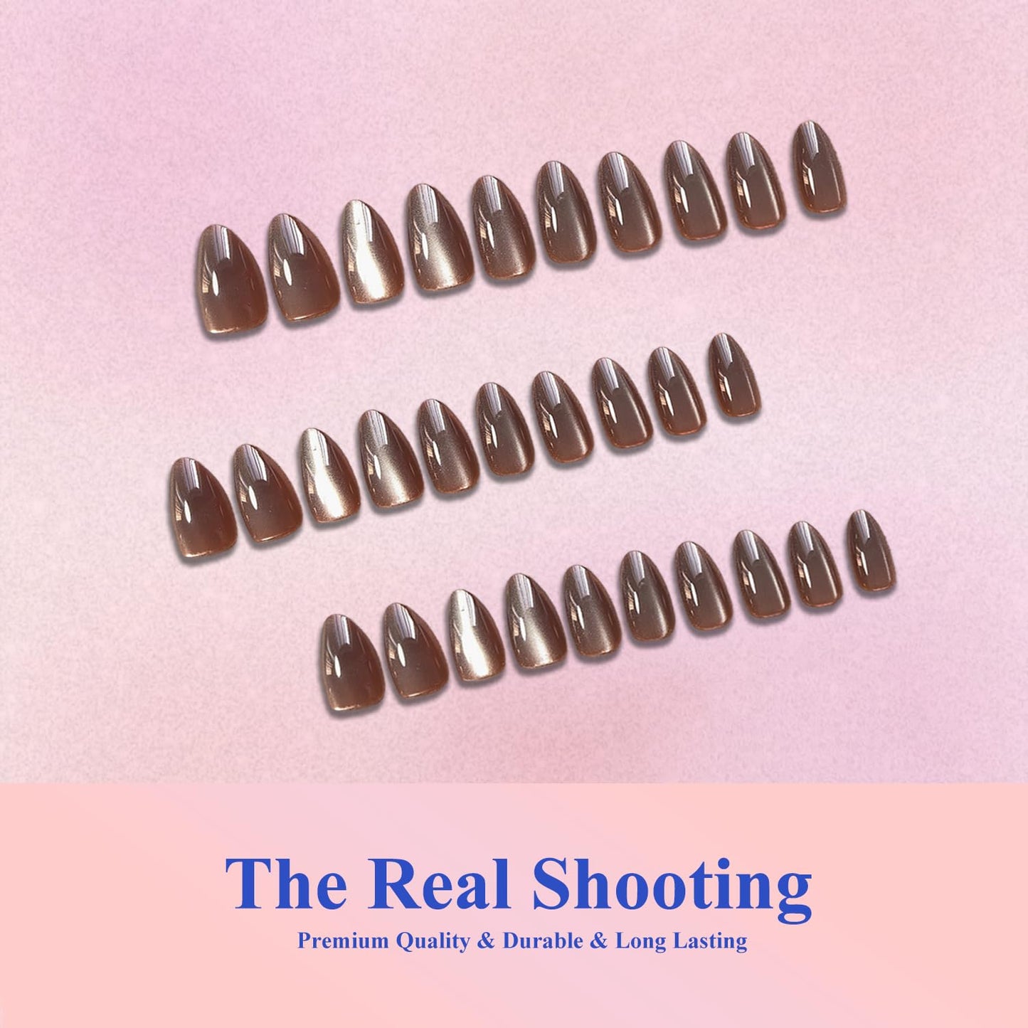 KQueenest Cat Eye Press On Nails Short Almond - Light Brown Press On Nails Short Stiletto, 32 Pcs 16 Sizes Glitter Fake Nails Press ons, Upgrade Thick Quality, Reusable Bling Glue on Nail for Women