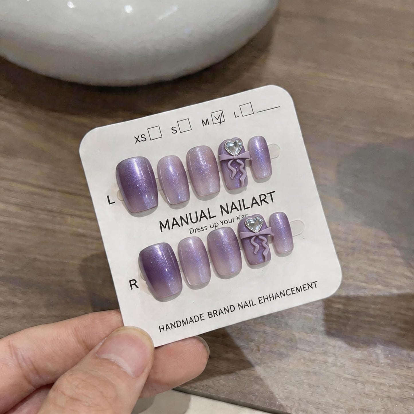 DANNEASY 10PCS Handmade Press on Nails Medium Almond, Purple Cat Eye Acrylic Fake Nails with 3D Bow & Rhinestone Decor, Press ons on Nails for Women
