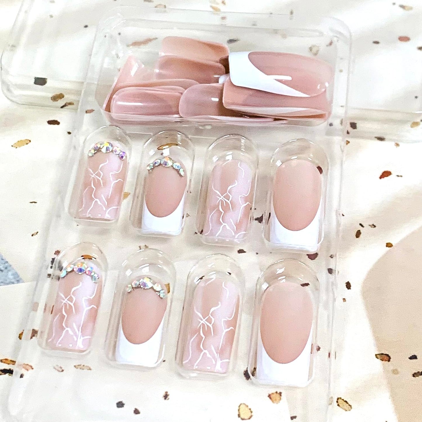 Vezocim French Artificial Fake Square Nails, 24Pcs Nude Press on Nails Medium Coffin with Rhinestone Designs, Glossy Full Cover Acrylic False Nail, Glue Fake Fingernails with Charm for Women