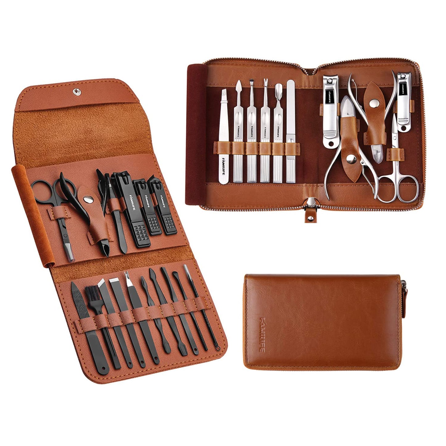 FAMILIFE Professional Manicure Kit Nail Clippers Set 11 in 1 Stainless Steel Pedicure Tools Kit Grooming Kit and 16pcs Gifts for Men Stainless Steel Portable Brown Leather Nail Kit Mens Gifts