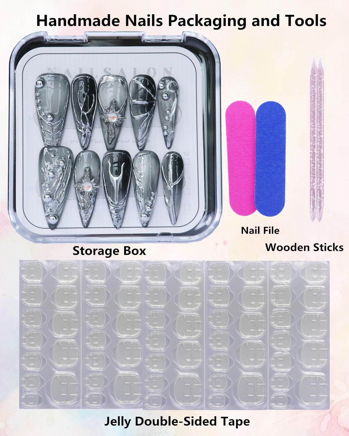CAMILCY Luxury Handmade Press On Nails Gray Silver Gradient Almond 3D Design Long Stiletto Fake Nails Salon Quality Reusable Acrylic Nails for Women (B07, L)
