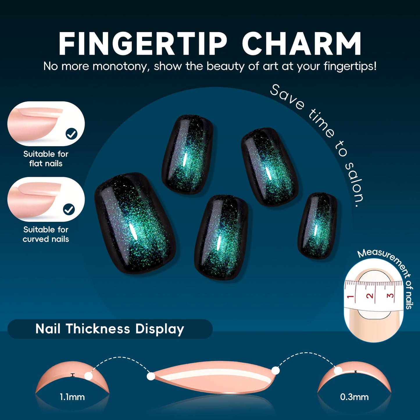 HOSAILY Short Press on Nails Cat Eye, Blue Green Galaxy Square Fake Nails with Magnetic Shimmer Design, 24pcs Glossy Handmade Gel Glue on Nails Coffin, Salon Quality Stick on Nails Press Ons for Women