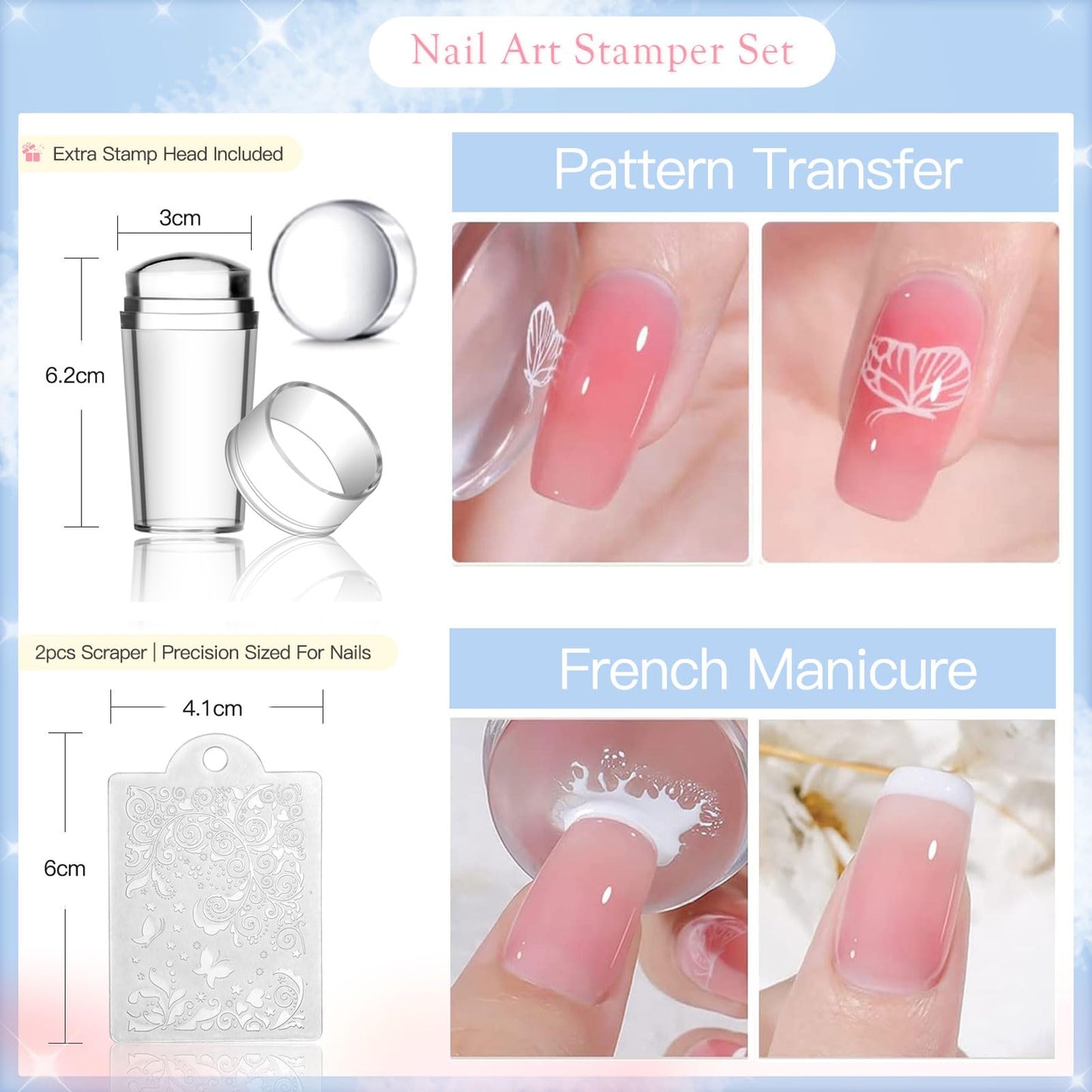 Biutee Nail Stamping Kit with 16 Nail Stamping Plates, Clear Jelly Nail Stamper, 2 Scrapers & Storage Bag, Nail Art Stamping Plate Set with Floral Geometric Beach Designs for DIY Manicure
