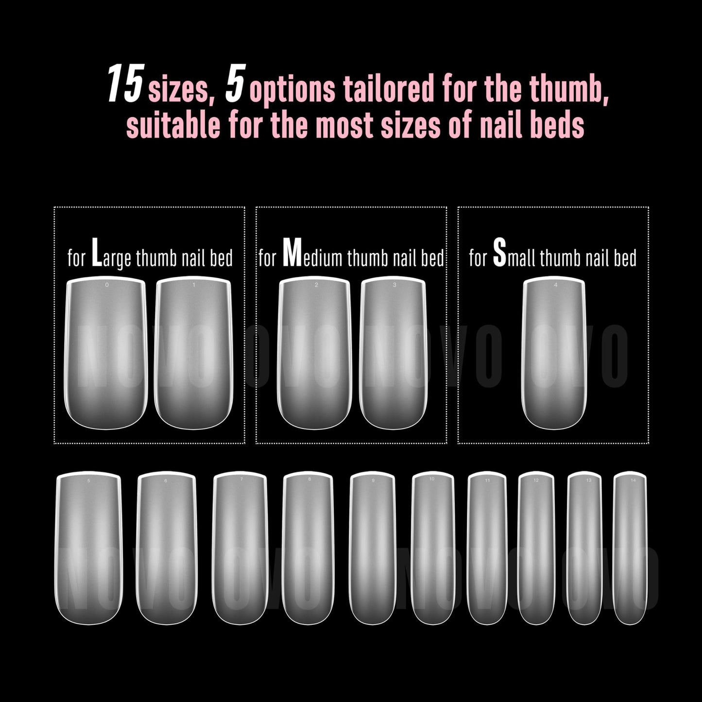 NOVO OVO Halloween Medium Slightly Curved Nail Tips Press on Full Cover, Thick Square Eagle Claw Hawk Curve Gel x Acrylic Fake Nails Extension kit, Clear Pre-etched French False Nail x 15 Sizes 240pcs