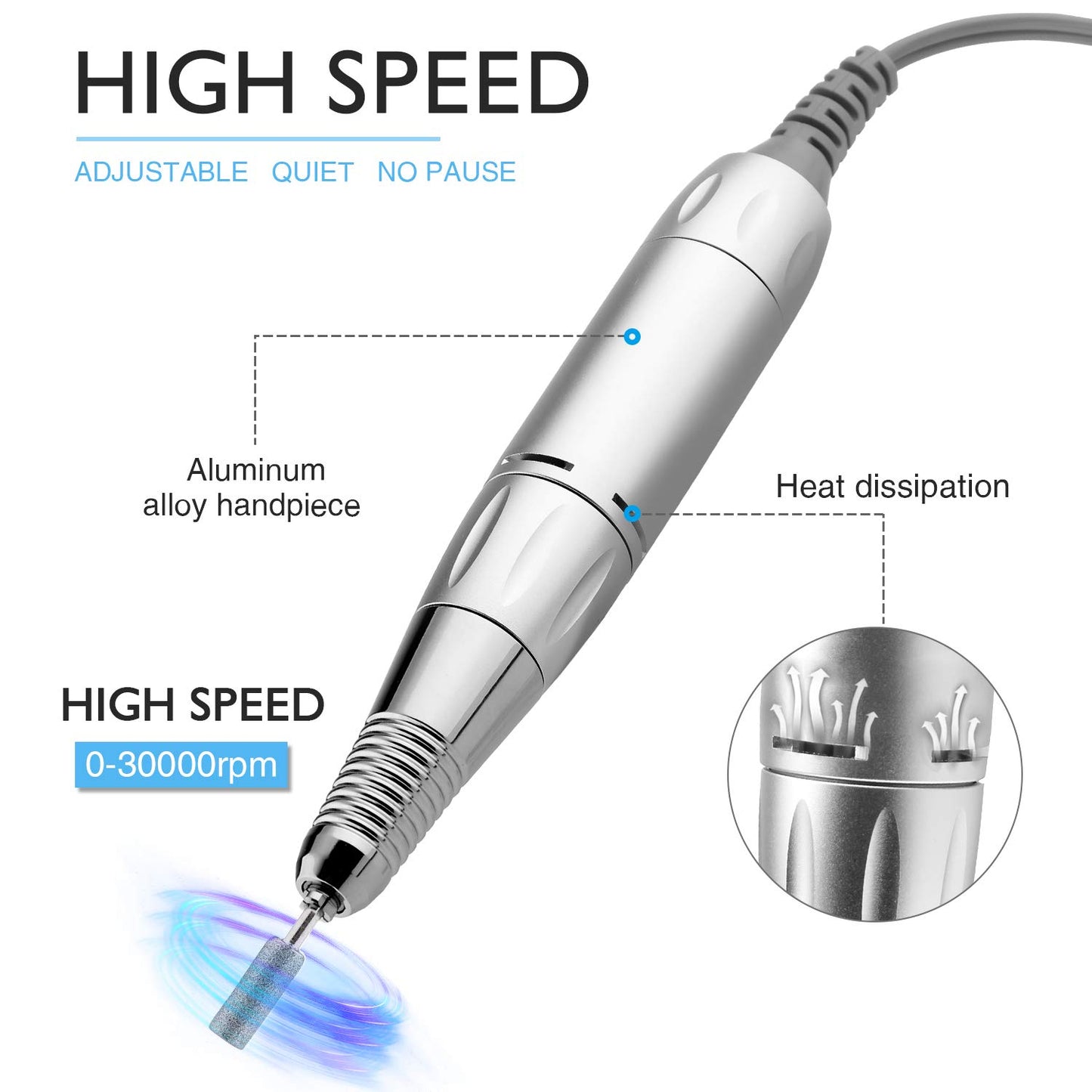30000RPM Portable Nail Drill Machine, AZ GOGO Professional Rechargeable Electric Efile Nail Drill for Acrylic Gel Nails, Manicure/Pedicure, Polishing, Cuticle - Salon or Home Use（Blue）