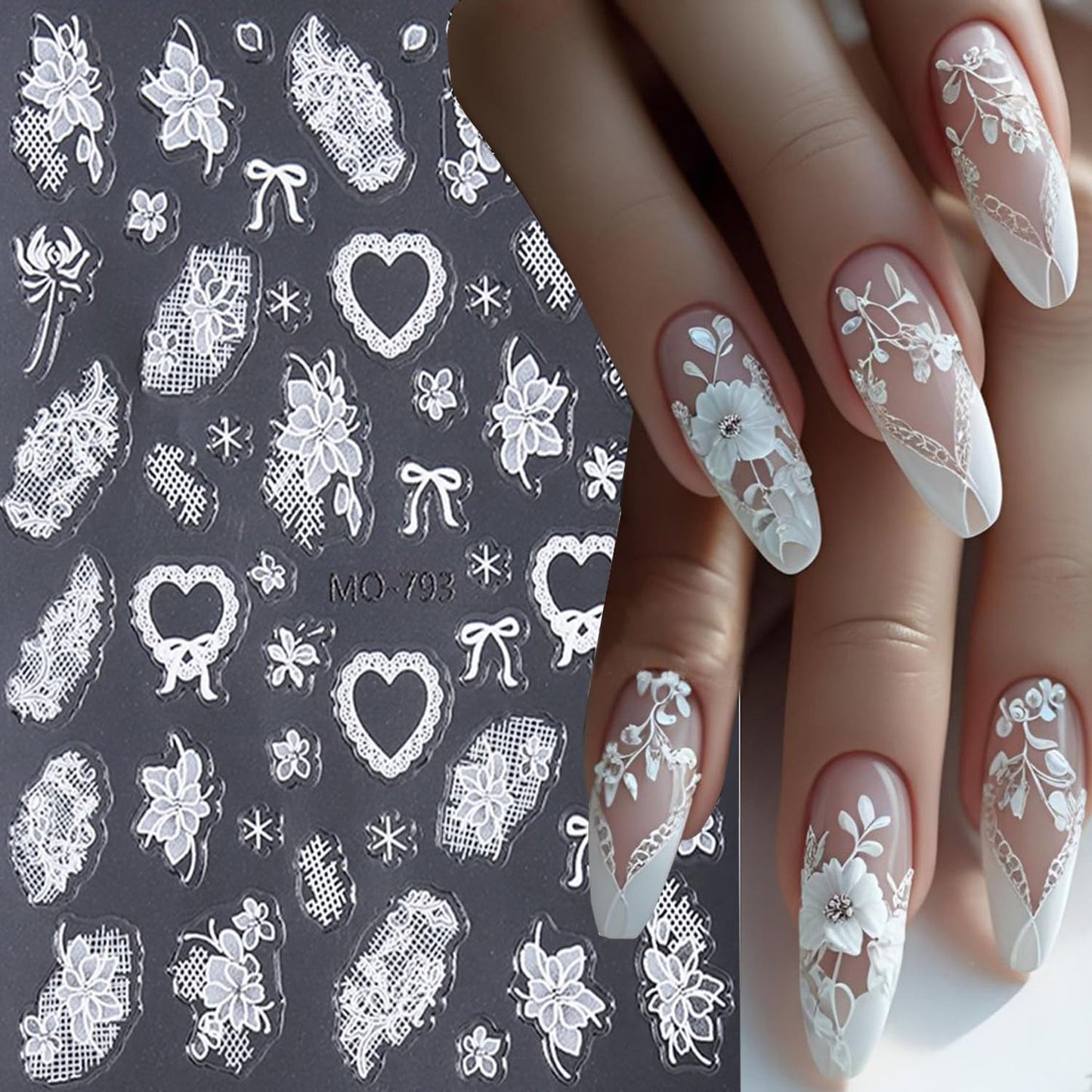 CJDLTS 3 Sheets White Lace Flower Nail Art Stickers 3D Self -Adhesive Lace Love Heart Bow Nail Decals Holographic Laces Rose Flower Nails Stickers for Women Acrylic Nails Decoration Supplies