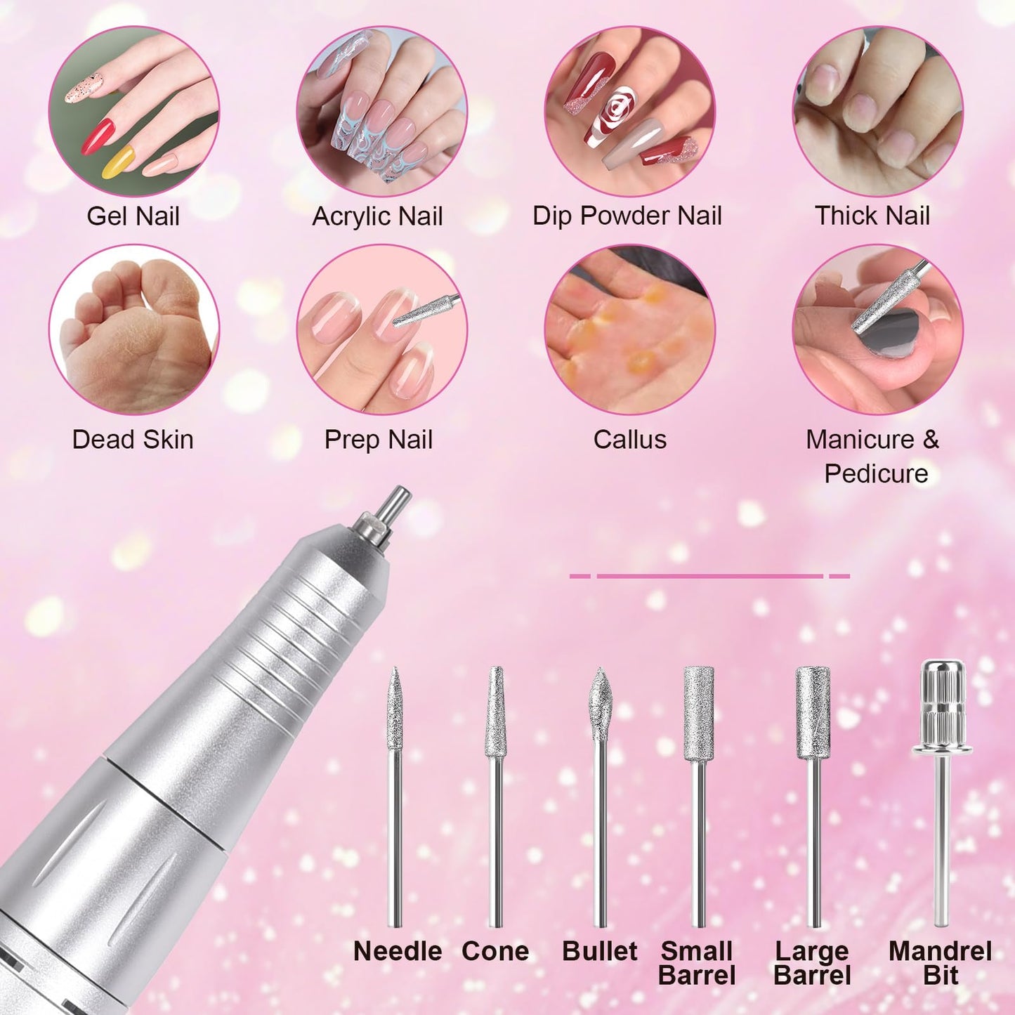 siyuwuro Portable Nail Drill 45000 RPM Professional Cordless Rechargeable Electric Nail File for Removing Polishing Acrylic Gel Nails with 6 Drill Bits & Sanding Bands, Nail Salon Home Use, Purple