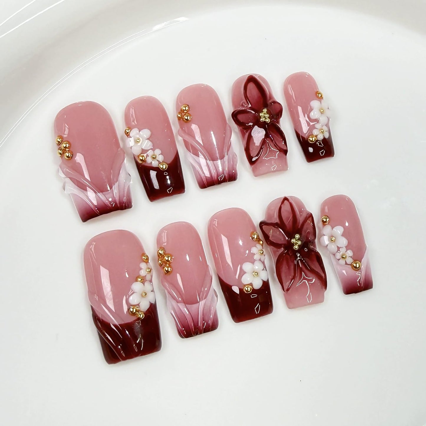 Handmade Press on Nails Medium Square Fake Nails Red French Tip with 3D Flower Designs luxury Pearl Charm Glossy Cute Acrylic Nails for Women 10pcs (Size M）