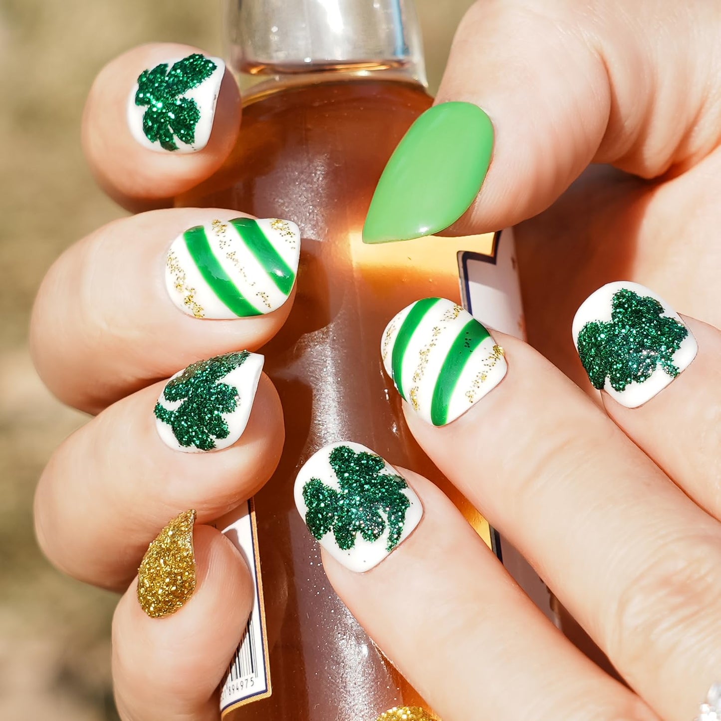 Tesytto Green & Gold Glitter Extra Short Squoval Press On Nails, Handmade Clover and Stripe Design, Reusable Full Cover Acrylic Nails (Size M)