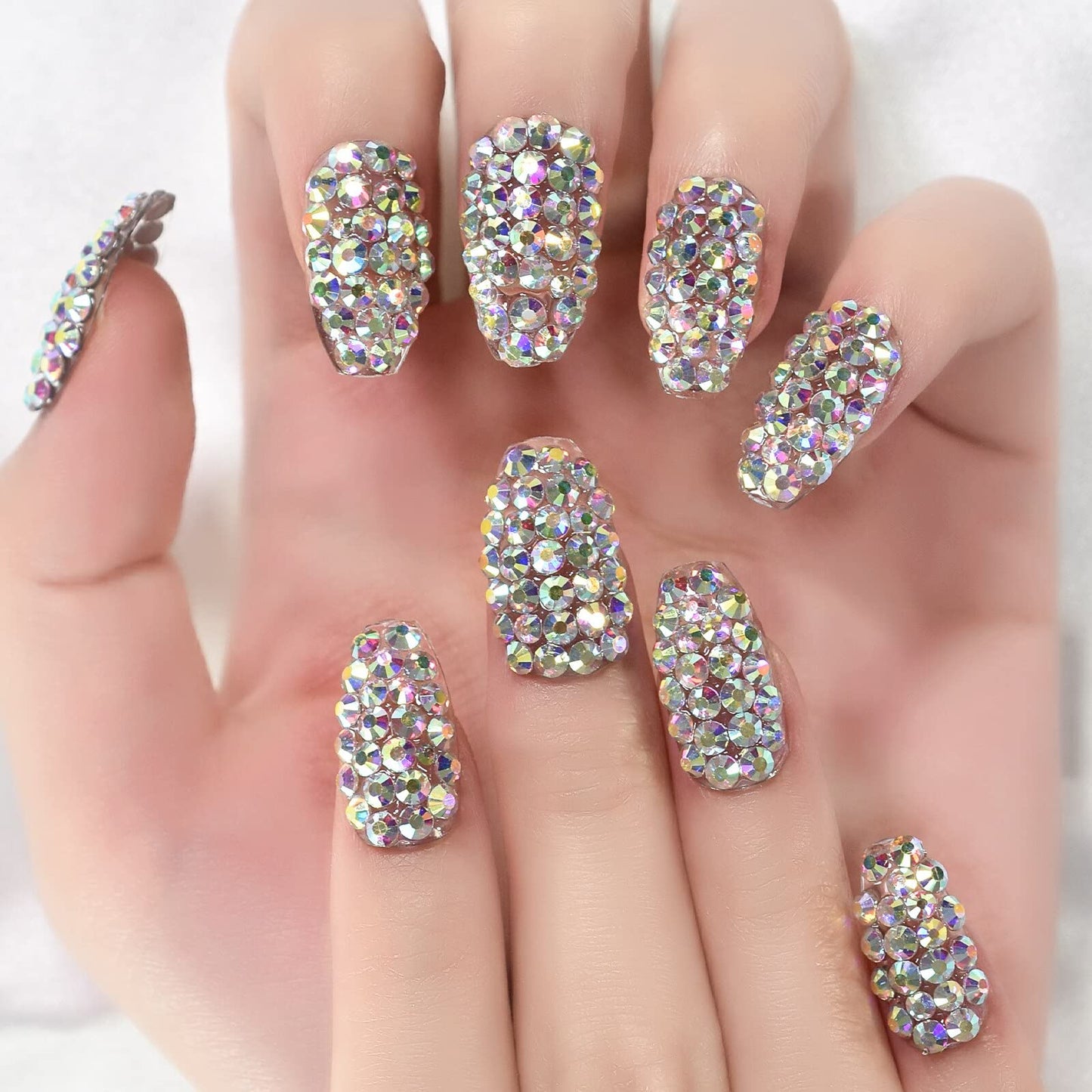 Sparkly Luxury Diamond Press on Nails - iBeautying False Nails - Finish Finger Wearable Nail 3D Rhinestones Jewelry Gems Full Cover Shine Reusable Coffin Fake Nails