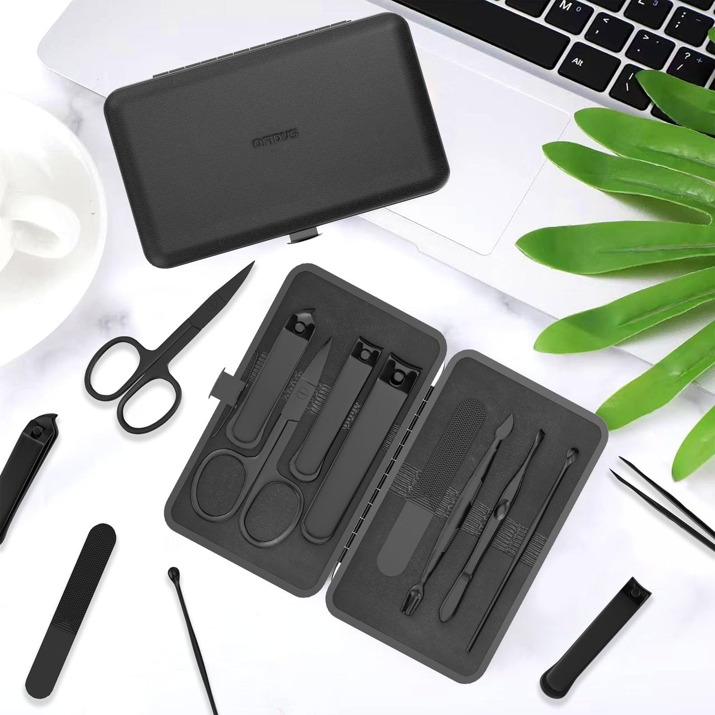 OFIDUS Precision 8 Pieces Men’s Nail Grooming Travel Kit, Stainless Steel Manicure Set with Fingernail & Toenail Clippers, Nail File, Slant Tip Tweezers, Cuticle Scissors, Cuticle Pusher, Travel Case