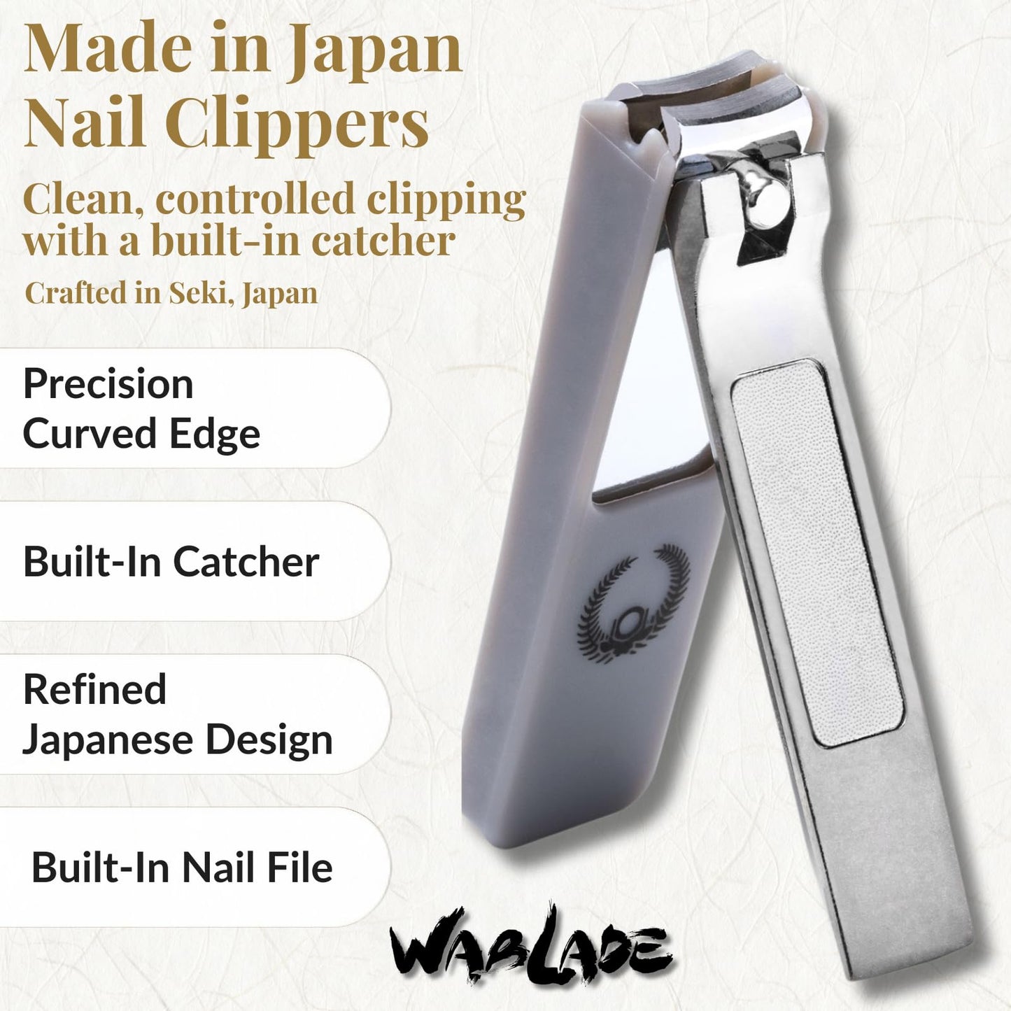 Wablade Japanese Nail Clippers, 2.8 Inch, Made in Seki Japan, Curved Carbon Steel Blade, Built-in Catcher & Nail File, Clean Controlled Trimming for Fingernails & Toenails (Oda Nobunaga)