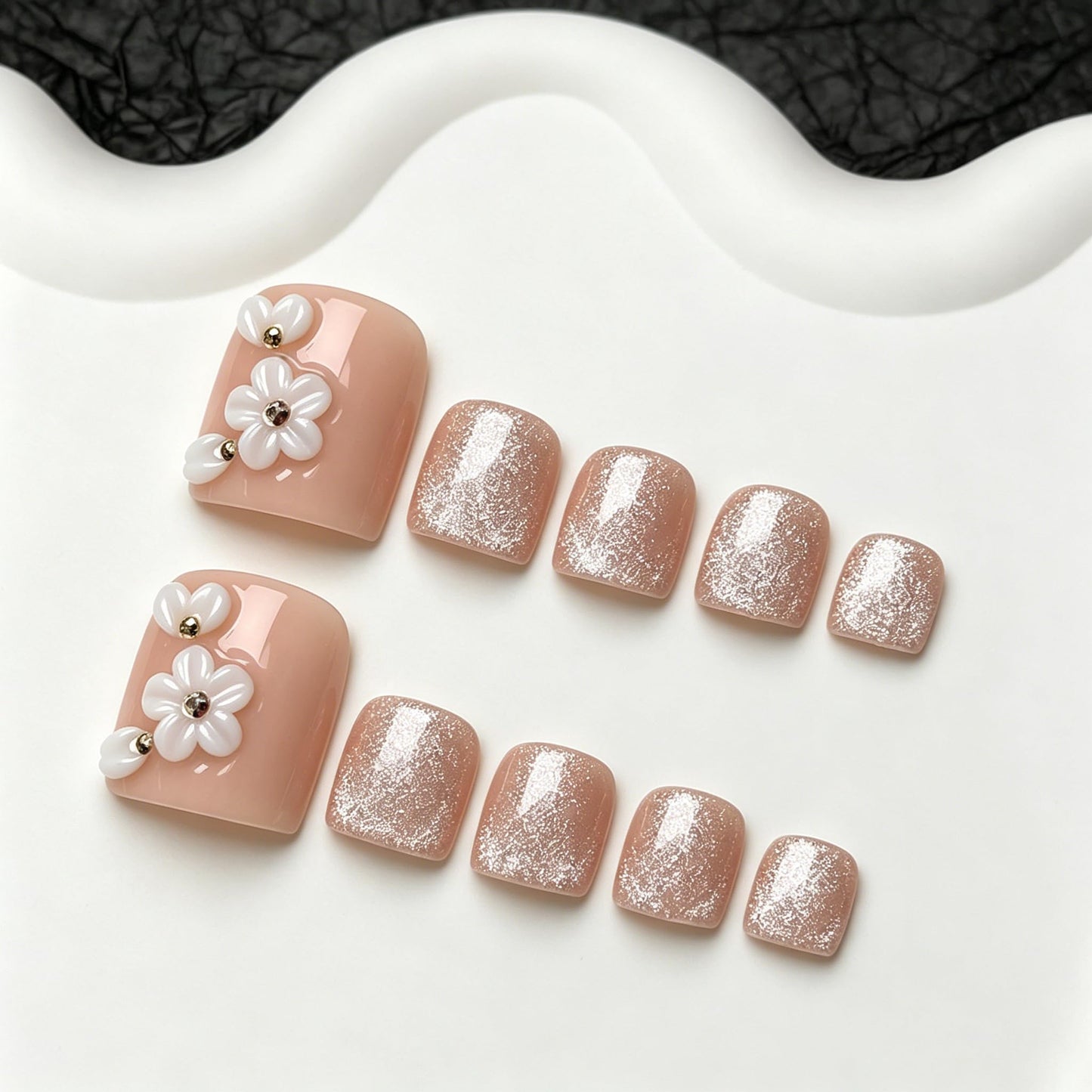 Handmade Press on Toenails Nude Short Square Fake Toenails with 3D Flower & Rhinestone Muti-Layer Gel Thick Stick on Toe Nail Glitter Full Cover Acrylic Nails for Women Daily Wear & Parties (M)