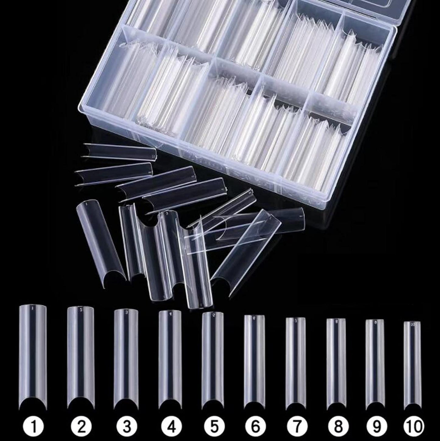LoveOurHome 200pc XL C Curve Nail Tips Extra Long Tapered Square Fake Nails Half Cover Clear Artificial Nail Art Tips 10 Size False Nails Tech Supplies for Gel Acrylic Nail Extension
