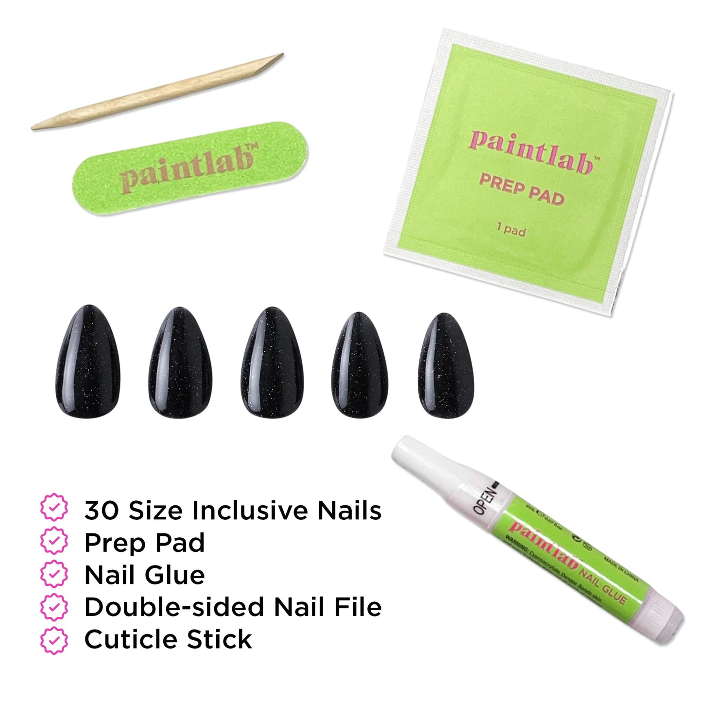 PaintLab Press On Nails - Black Night Crawler Short Almond Fake Nails, 30 Nails in 15 Sizes with Glue, Reusable Salon Quality Press On Nails