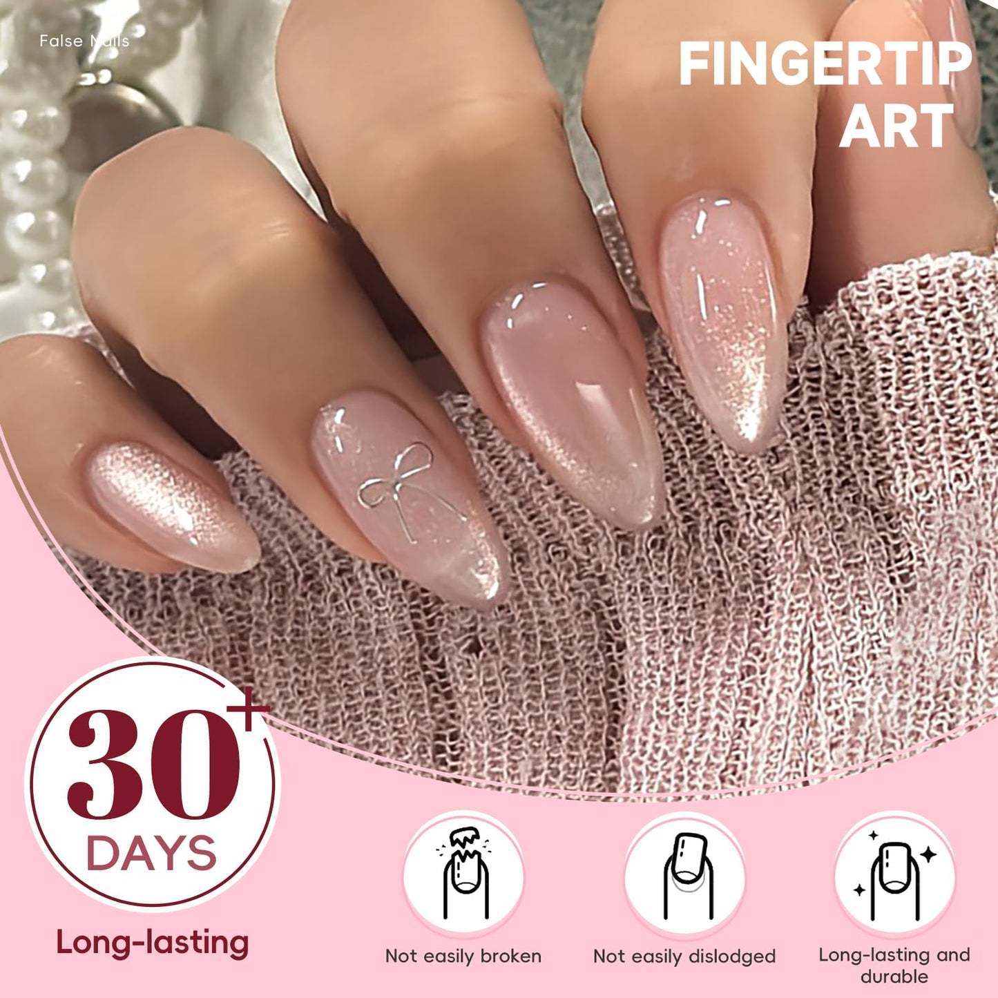 HOSAILY Nude Pink Cat Eye Medium Almond Press-on Nails with 3D Silver Bow Accents Design, 24pcs Glossy Cute Pretty Durable Classic Full Cover Stick on Fake False Acrylic Nails for Women Daily Wear