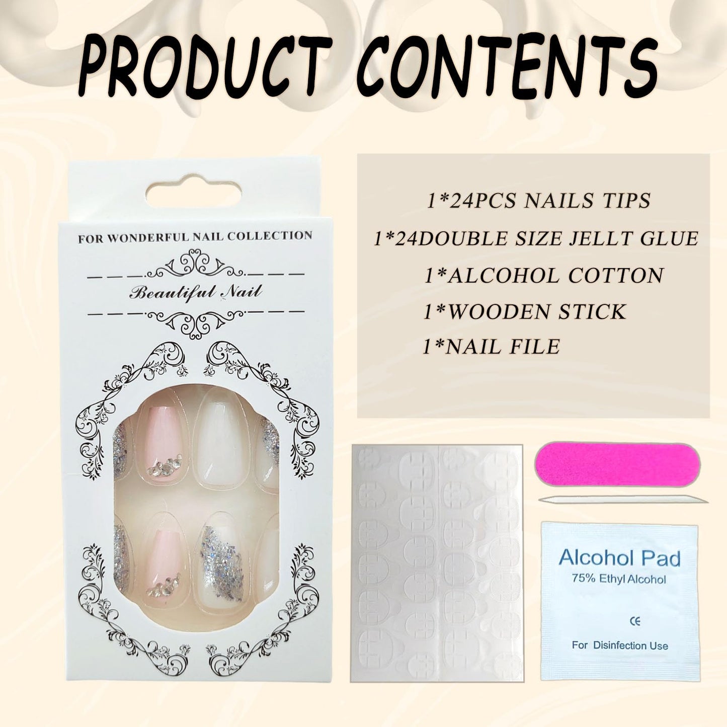 GXOIPNS Coffin Press-on Nails, 24 Pcs Short False Nails with Silver Glitter Designs, Rhinestones, White and Pink, Full Cover Acrylic Nails, Glossy, Reusable, Glue-on Nails for Women