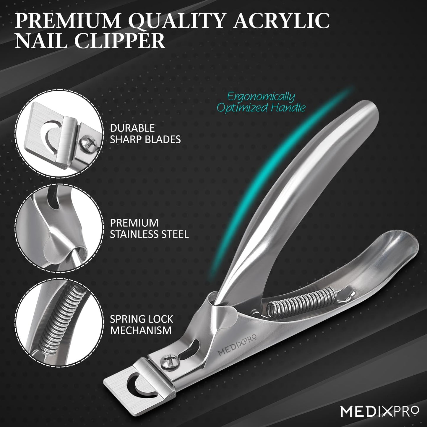 MedixPro Acrylic Nail Clipper with Magnet Silver Professional Nail Tip Cutter Adjustable Nail Extension Cutter Stainless Steel Sharp Blade for Acrylic Gel False Nails Manicure Pedicure Nail Art Cutter