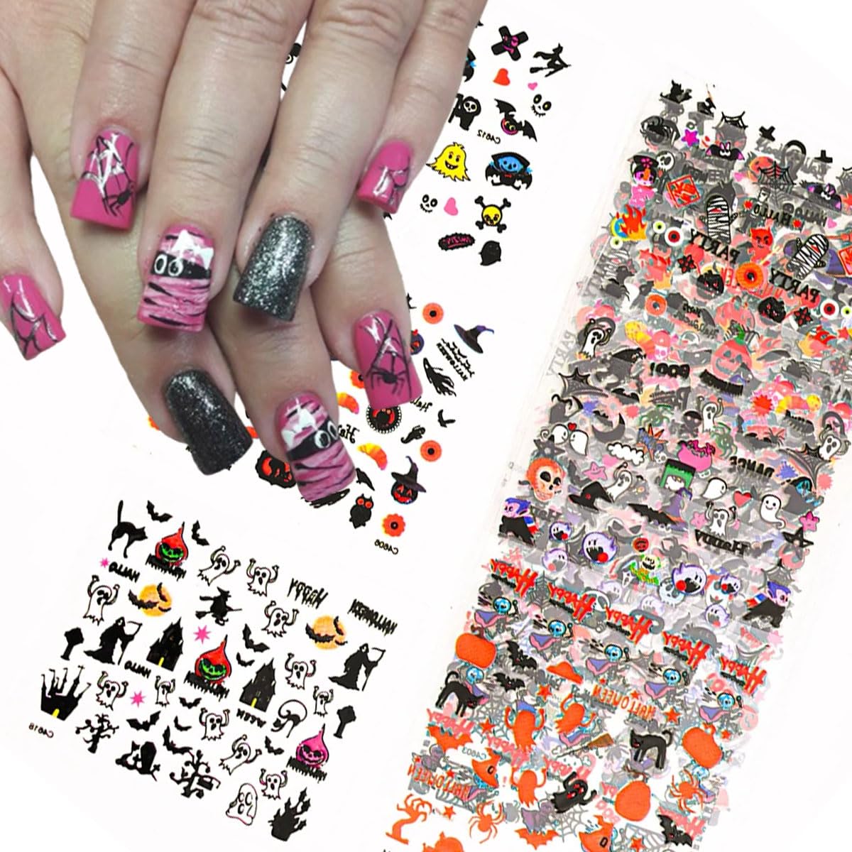 24 Sheets Halloween Nail Art Stickers 3D Self-Adhesive Nail Decals Ghost Pumpkin Bat Cat Skull Nail Designs Sticker Spooky Witch Spider Ghost Nail Stickers for Women Girls Acrylic Manicure Supplies