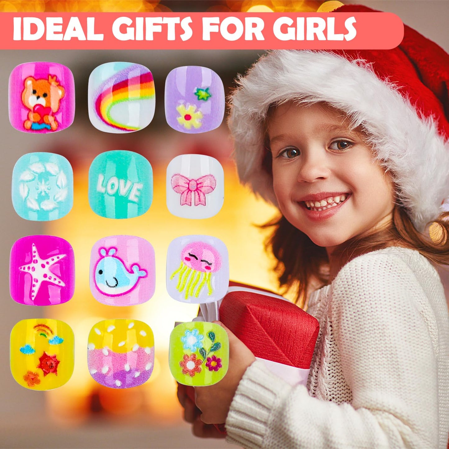 240 Pieces Fake Nails for Kids Girls Artificial Kids Press on Nails Full Cover Short Acrylic Stick On Nails False Nail Tips Kit for Children Little Girls Nail Art Decoration (Rainbow)