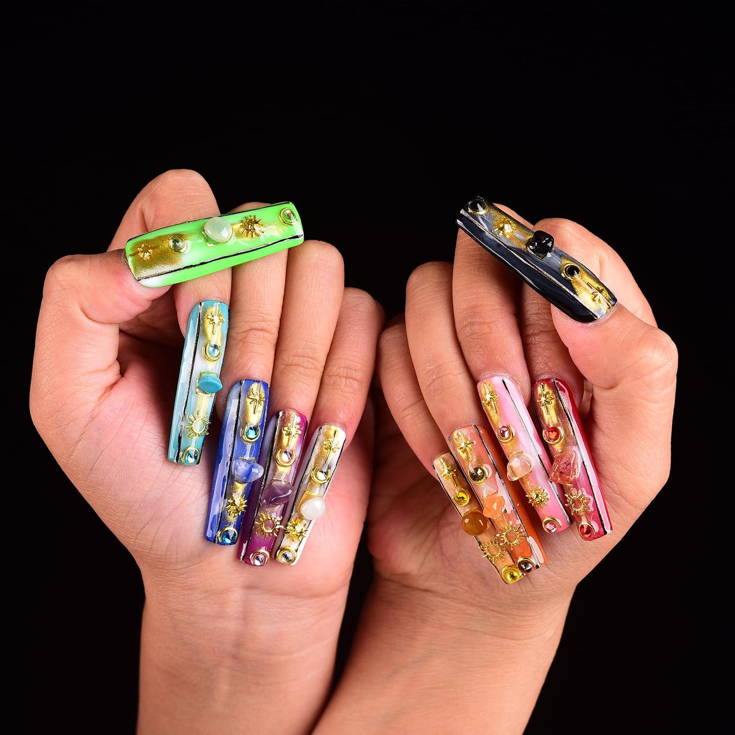 Tmani 10pc/set Long Handmade Press On Nail Hot Girl's Long Nails Ten Kinds of Natural Crystal Stone Decoration Fake Nails Suitable For Girls Festival Parties and Birthday Gift(444,M)