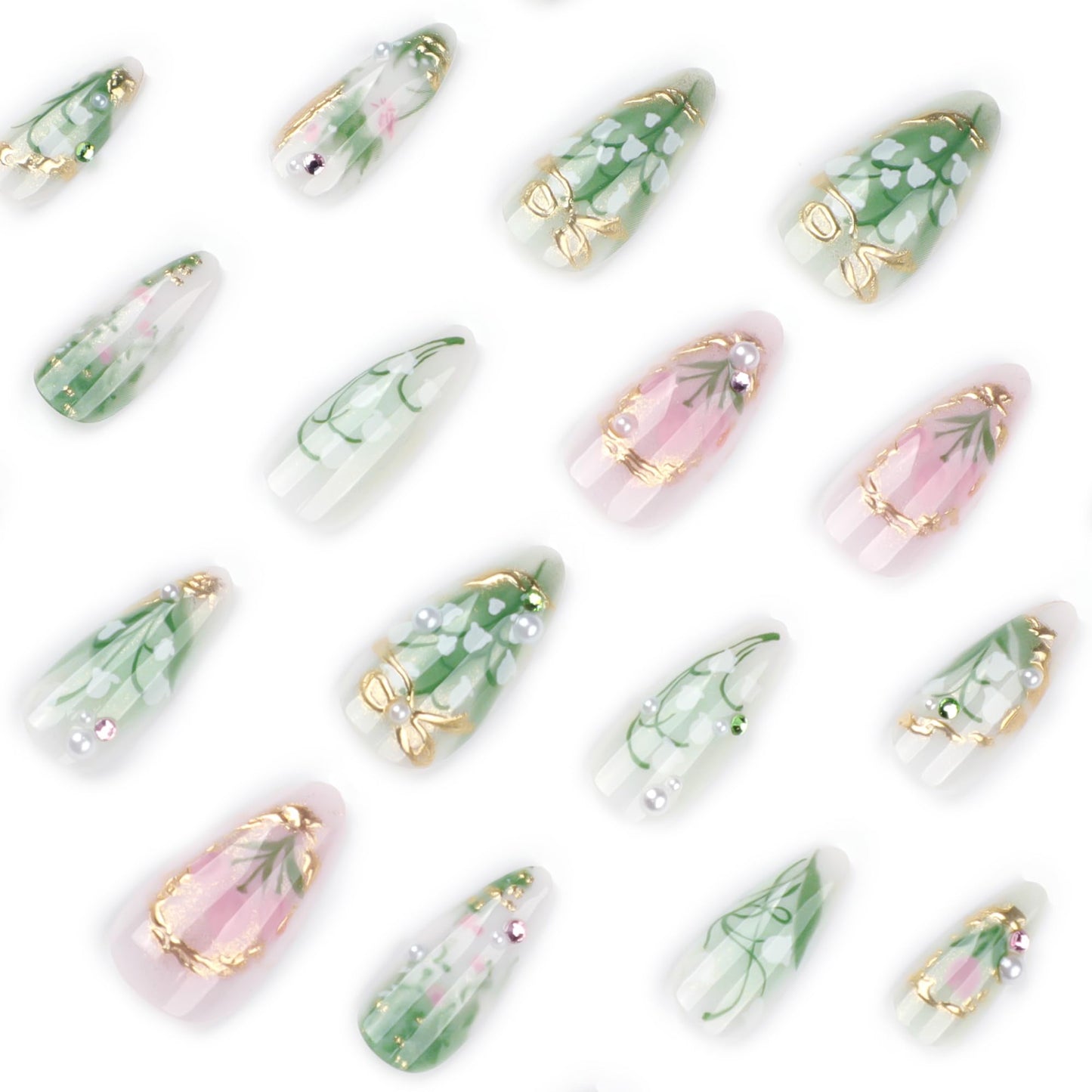 LBPEPAMZ Green Press on Nails Medium Almond Fake Nails with 3D Pearl Rhinestones Designs Gold French Tips Flower Acrylic Nails False Nails White Floral Full Cover Glossy Stick on Nails for Women 24Pcs
