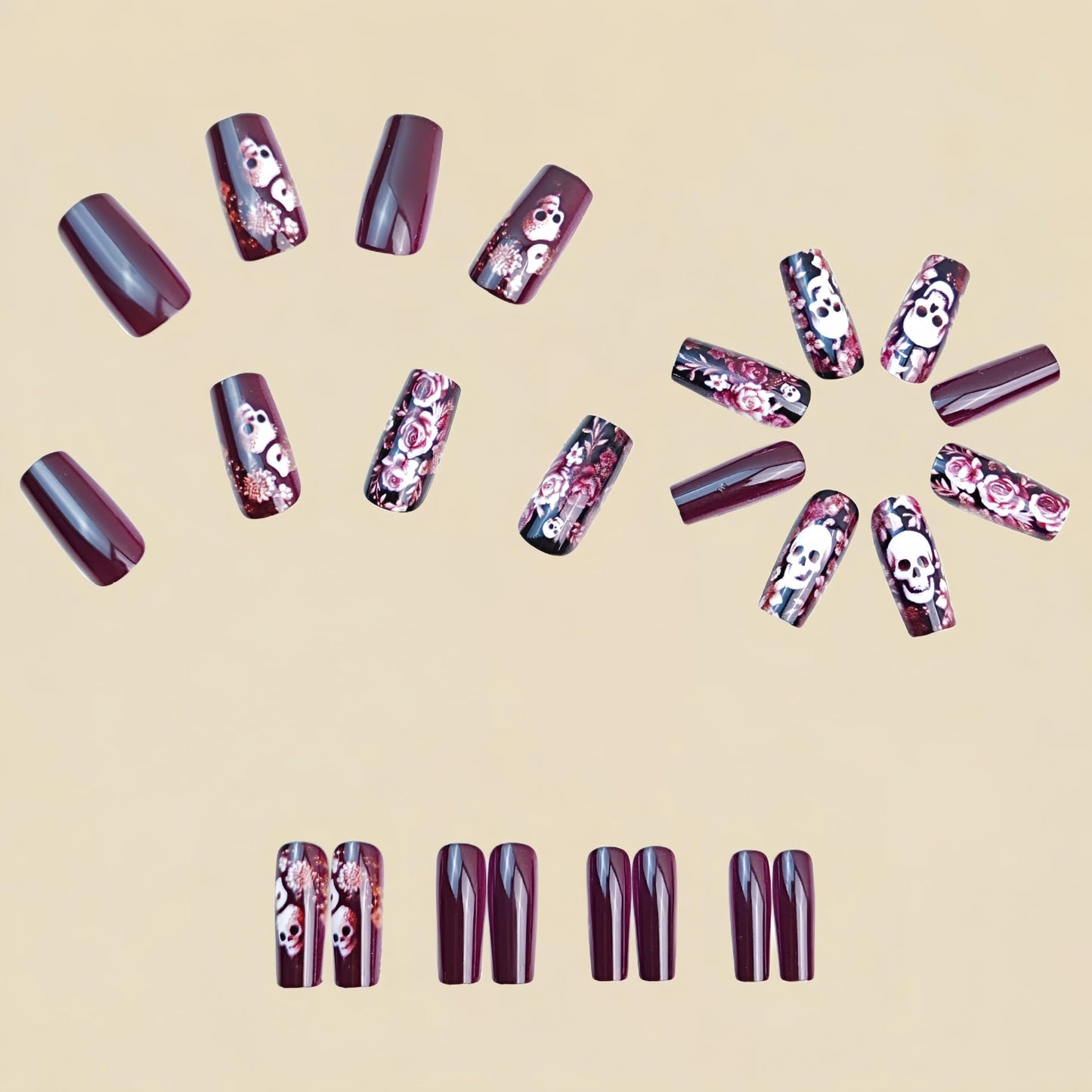 24Pcs Halloween Press on Nail Skull Nails Press ons Medium Length Fake Nail Square Flower False Nails Reusable Black Acrylic Stick on Nail Halloween Glue on Nails for Women Girls