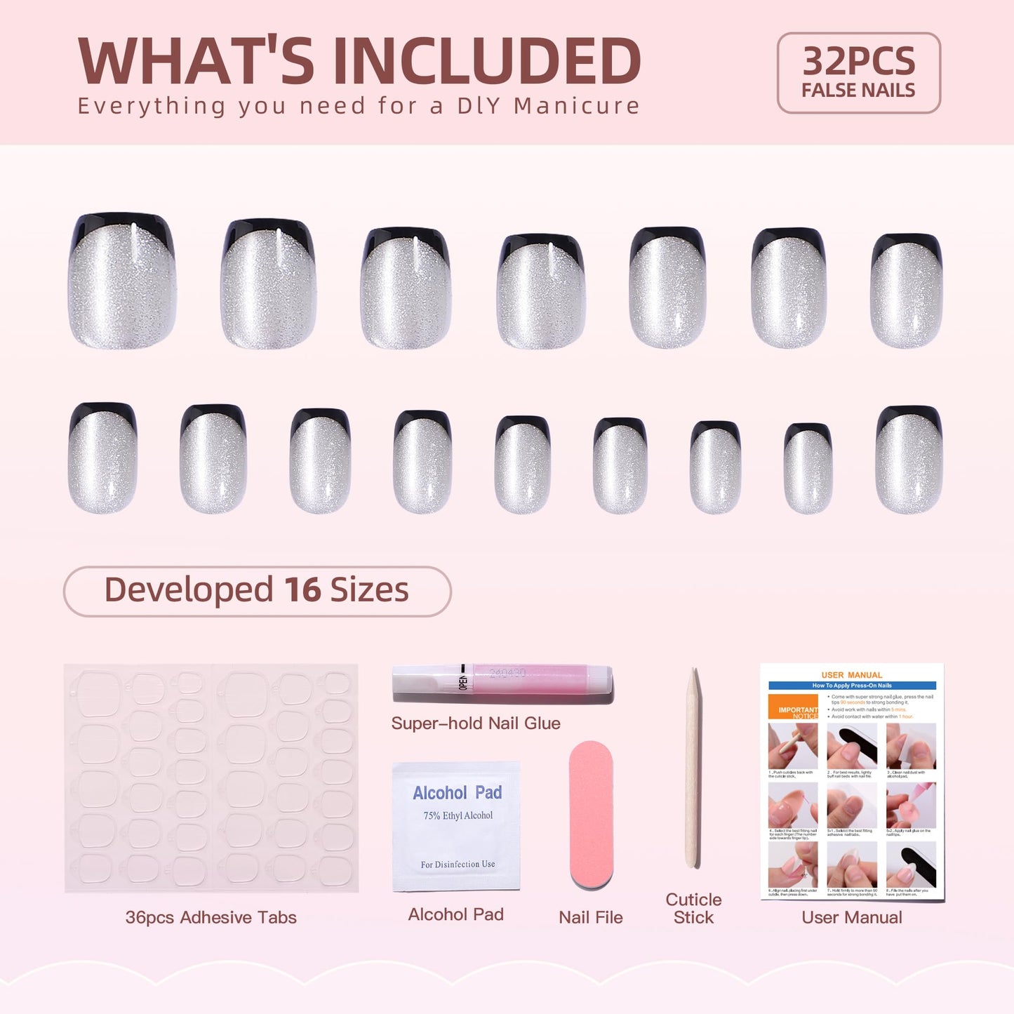 WAFOLOZE French Tip Press On Nails - Silver Cat's Eye Fake Nails with Black French Designs, Glue On Nails Short, Artificial Nails 16 Sizes - 32Pcs Reusable Soft Gel False Nails Tips Kit