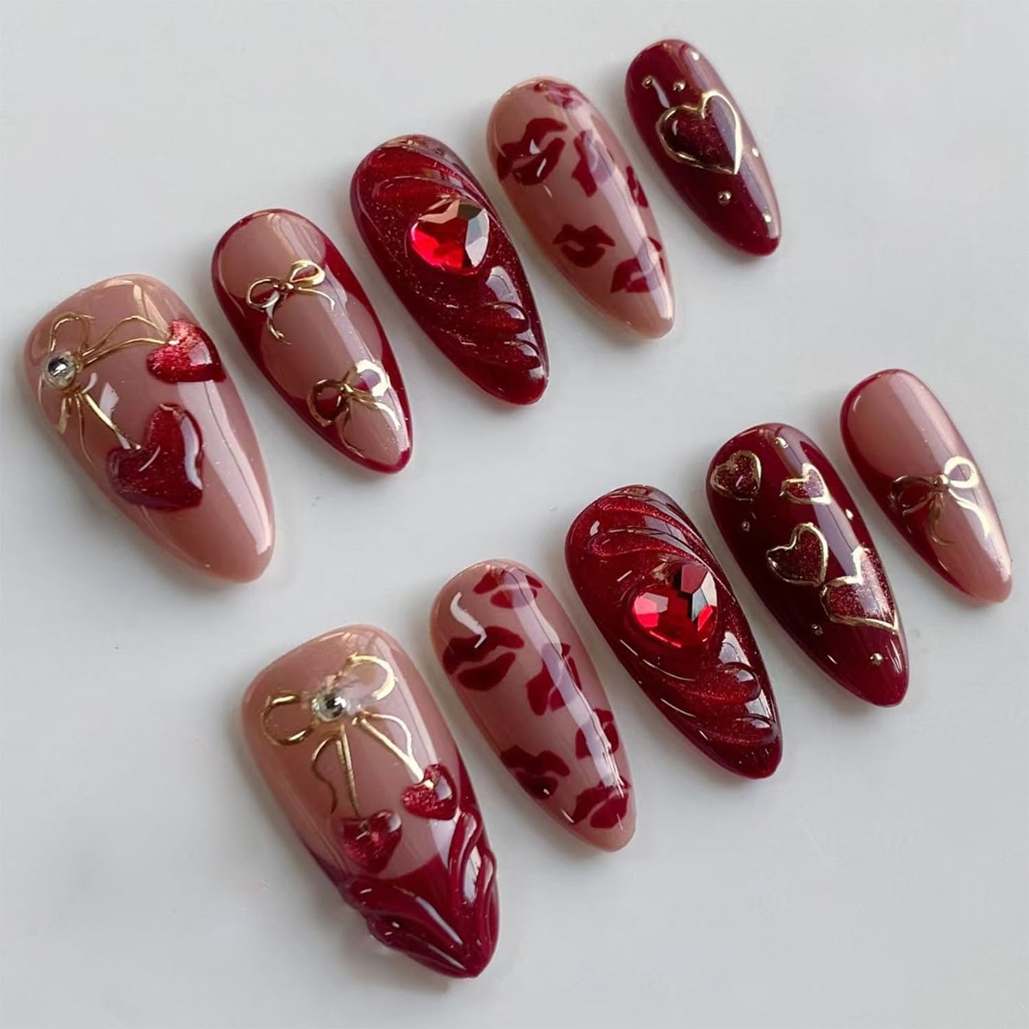 30Pcs Red Heart Press on Nails Medium Almond French Tip Fake Nails with Cute Openwork Bow Cherry Designs Sexy Lips Full Cover Acrylic Stick on Nail Romantic Valentines False Nails for Women DIY Kit
