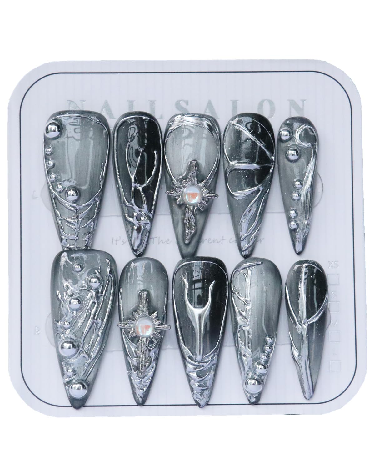 CAMILCY Luxury Handmade Press On Nails Gray Silver Gradient Almond 3D Design Long Stiletto Fake Nails Salon Quality Reusable Acrylic Nails for Women (B07, L)