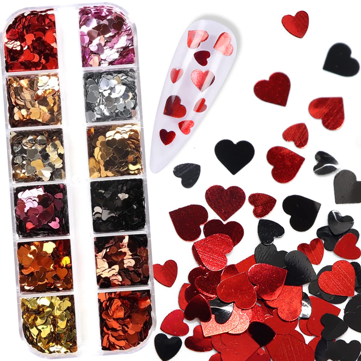 12 Grids 3D Heart Nail Art Stickers - Holographic Laser Nail Glitter Sequins Love Decals for Valentine's - Gold, Red, Black, Silver Glitter Flakes for Nail Art Decoration