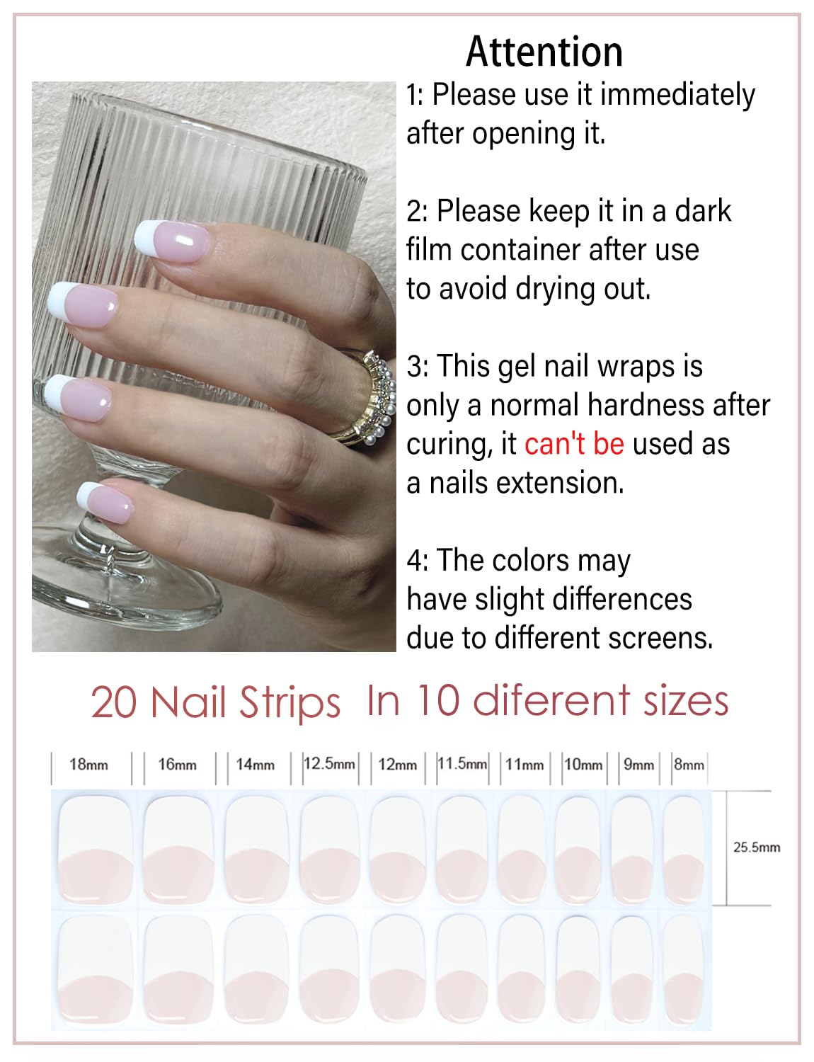 Semi Cured Gel Nail Strips, 20pcs Classic French, Semitransparent Pink Base, Gel Nail Stickers UV for Home Nails DIY