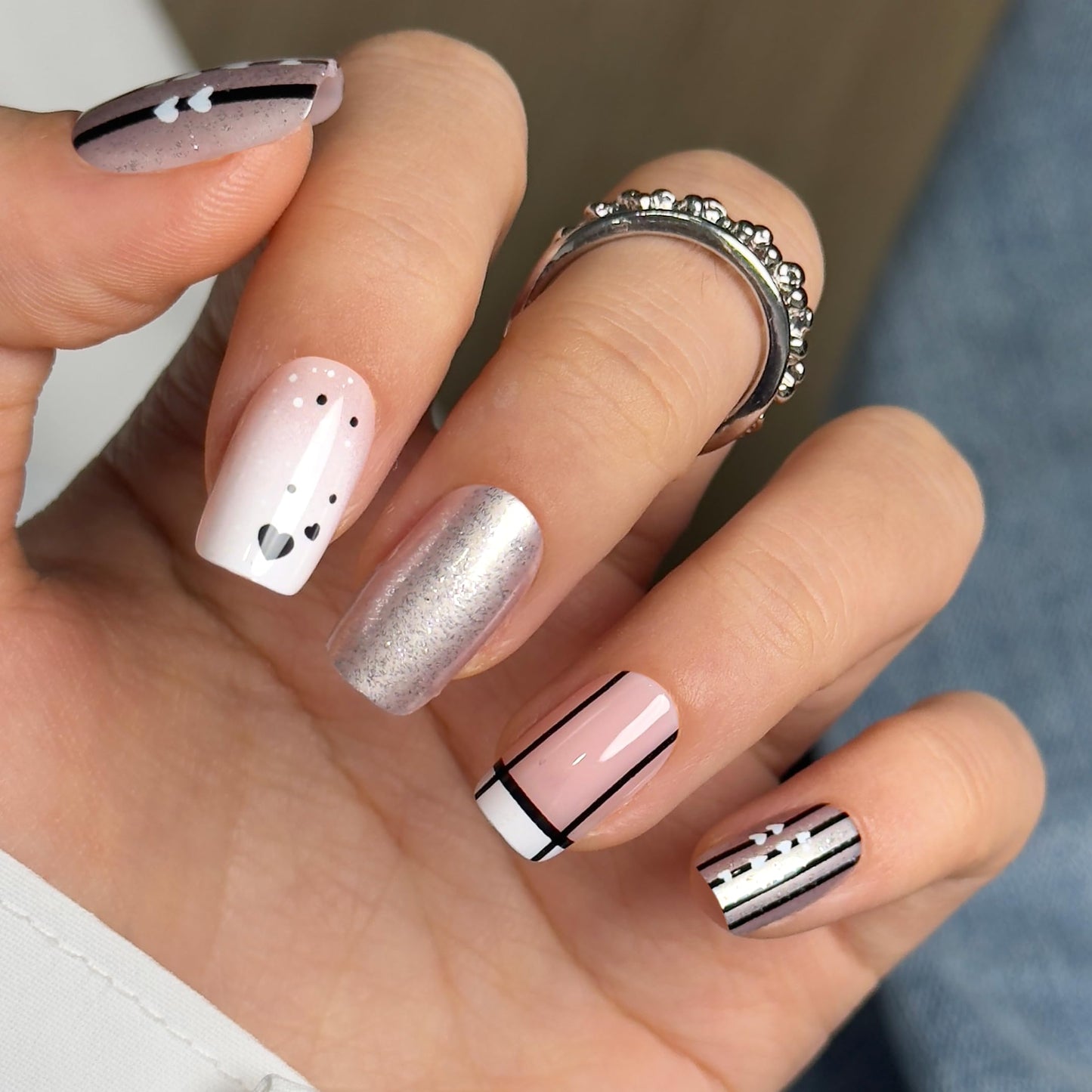 CurvLife Press On Nails Short Square Black White Heart, Glossy Soft Gel Fake Nails with Stripes and Silver Glitter, Reusable Salon Look Manicure for Women Teens Beginners, 30pcs, Daily Wear Work Party