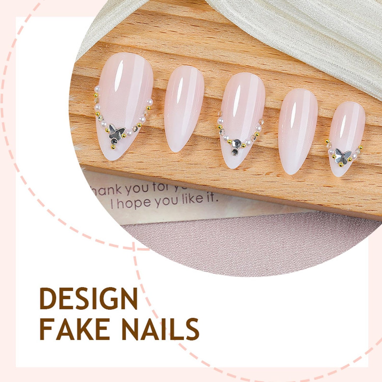 24Pcs Medium Almond Press on Nails - Press ons 3D Butterfly Rhinestone Pearl Chains Design Fake Nails French Tip False Nails Nude Pink Full Cover Sparkly Butterflies Artificial Stick on Nail for Women