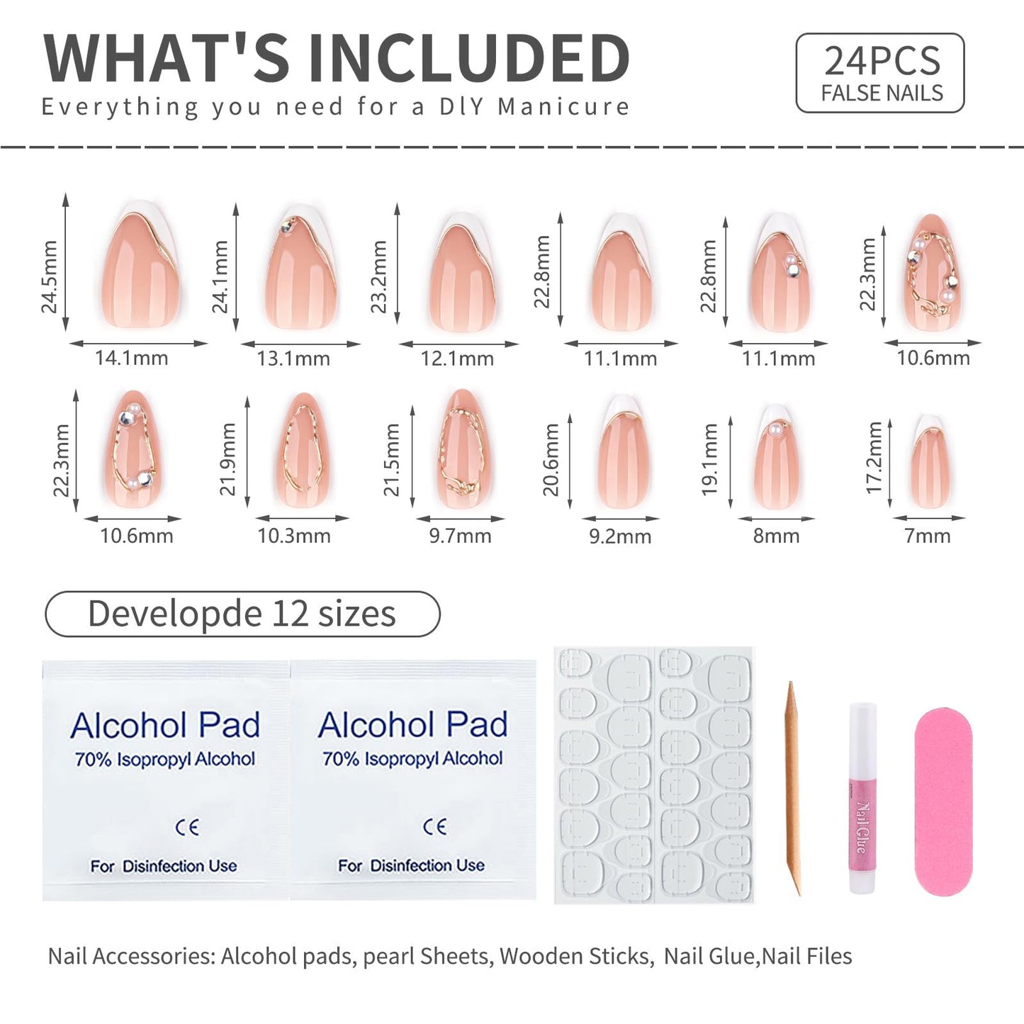 Mivota Soft Gel Press On Nails Almond Nude Pink, Luxury Gold Line Rhinestone Glue On Nails, Reusable Fake Nails Acrylic Look, 24PCS Bridal Wedding Press on Nails for Women
