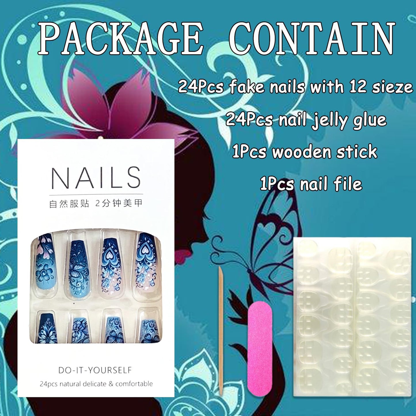 EYZOTSF Press on Nails Medium Square Shaped Acrylic Medium Square Shaped False Nails with Designs Artificial Short Coffin Fake Nails with Charms Glue ons Fingernails for Women Girls(CY1075)