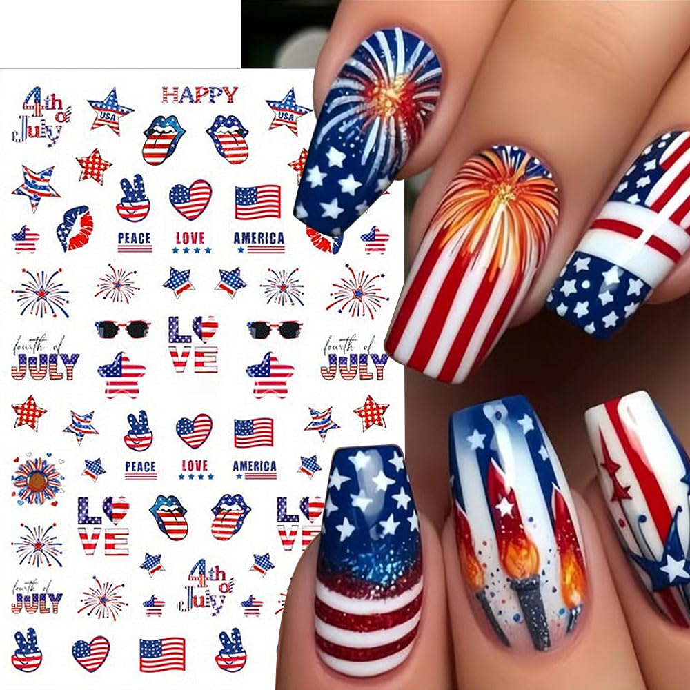 4th of July Nail Art Stickers Red Blue White American Flag Nail Stickers Fireworks Eagle Nail Decals Independence Day Patriotic Nail Art Supplies for Women DIY Manicure Nail Decoration 6Pcs