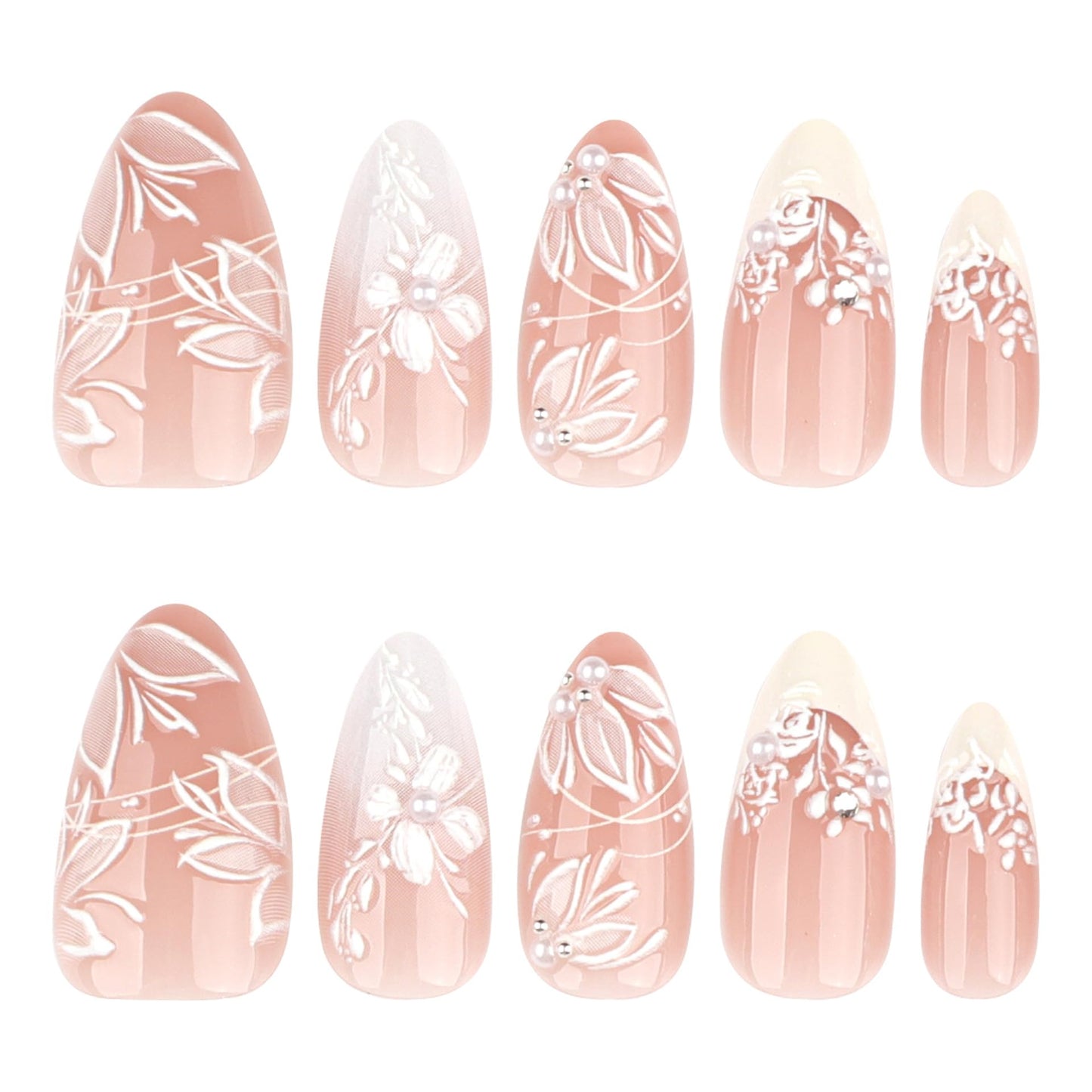 LBPEPAMZ 24Pcs White Press on Nails Almond Short Fake Nails with 3D Flowers Pearl Flash Charms Design White French Tip Glue on Nail Spring Summer Floral Acrylic False Nail Stick on Nails for Women