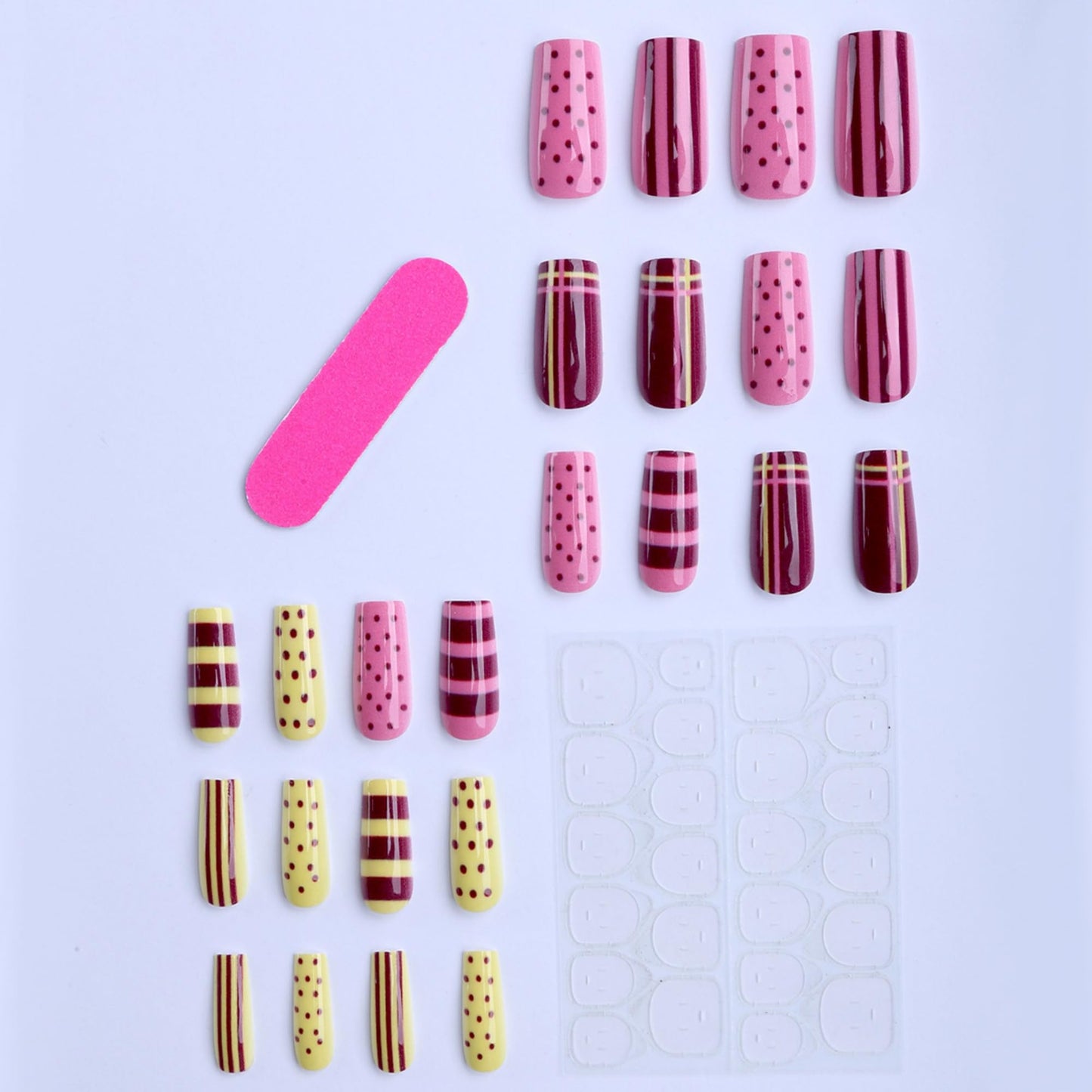 OCTOSWAVE Press on Nails Medium Square Fake Nails Burgundy Plaid and Polka Dot Designs Glossy Glue on Nails for Party and Gifts 24Pcs