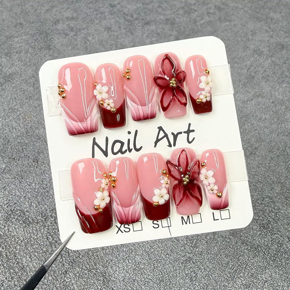 Handmade Press on Nails Medium Square Fake Nails Red French Tip with 3D Flower Designs luxury Pearl Charm Glossy Cute Acrylic Nails for Women 10pcs (Size M）