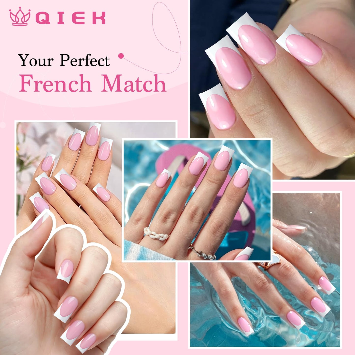 Qiek French Tips Press On Nails - 150Pcs Light Pink Short Square Soft Gel Nail Tips Pre-Designed, 15 Sizes Fake Nails for Nail Art DIY, False Nails Salon Quality Manicure at Home Gifts For Women