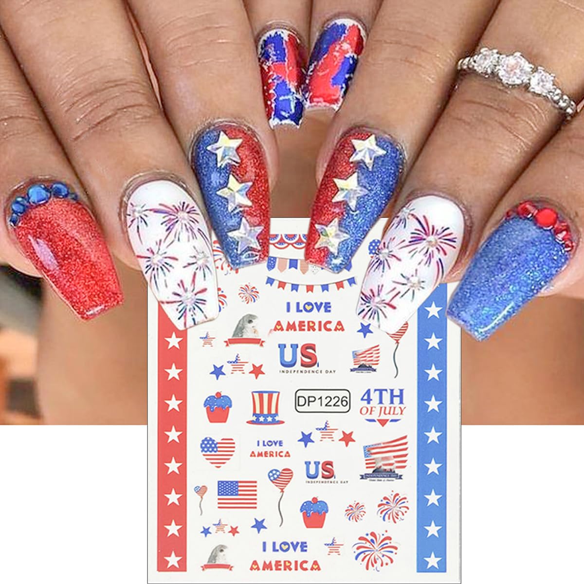 6Pcs Independence Day Nail Art Stickers Patriotic American Flag Heart Balloon Fireworks Nail Design 4th of July Nail Stickers 3D Self-Adhesive Star Nails Decals Decoration for Women DIY Nail Supplies