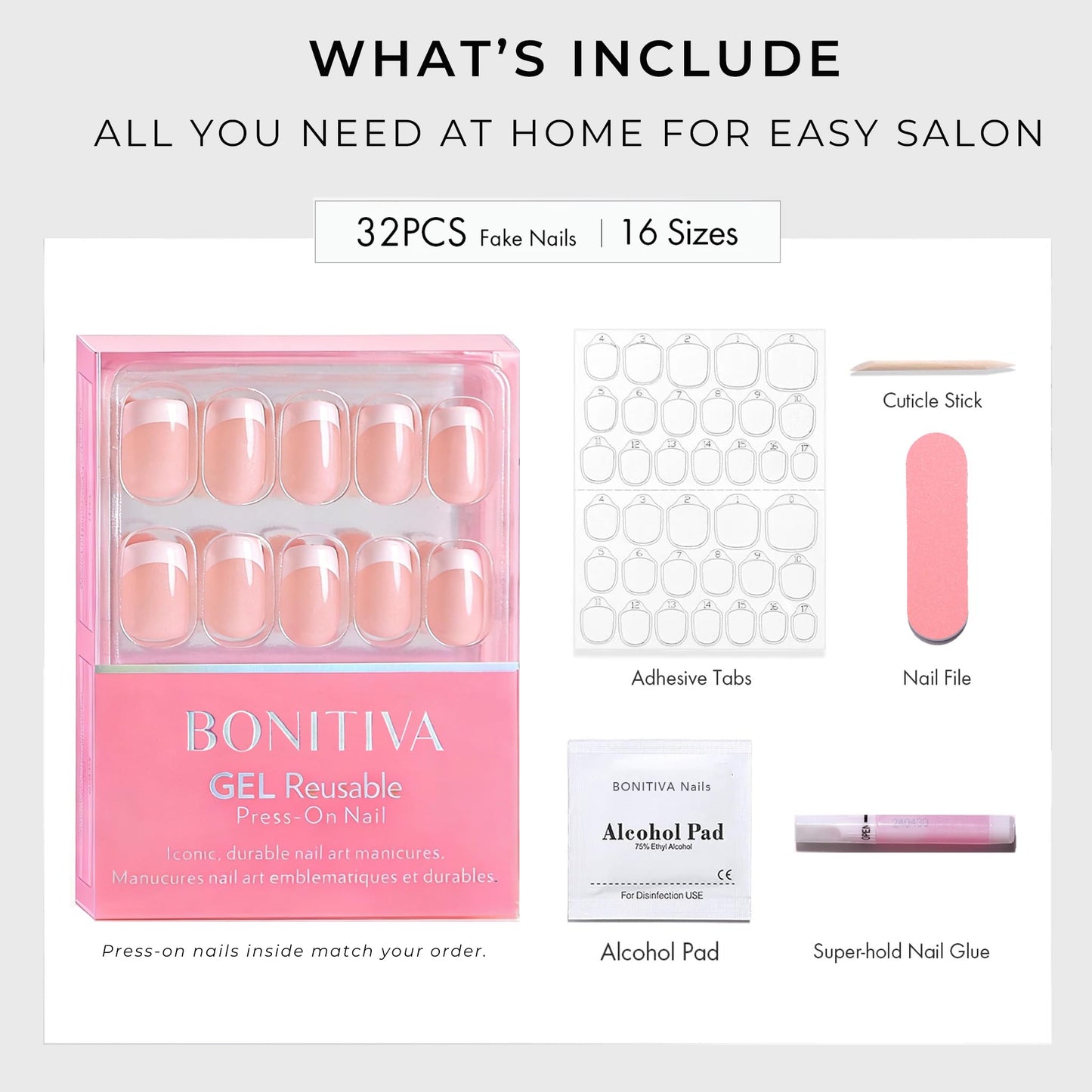 Bonitiva Short Square Press On Nails, Glossy Nude Ombre Soft Gel Reusable, 32PCS 16 Sizes, Salon Quality Long Lasting Fake Nails with Nail Glue & File Kit for Women Girls, Daily Wear